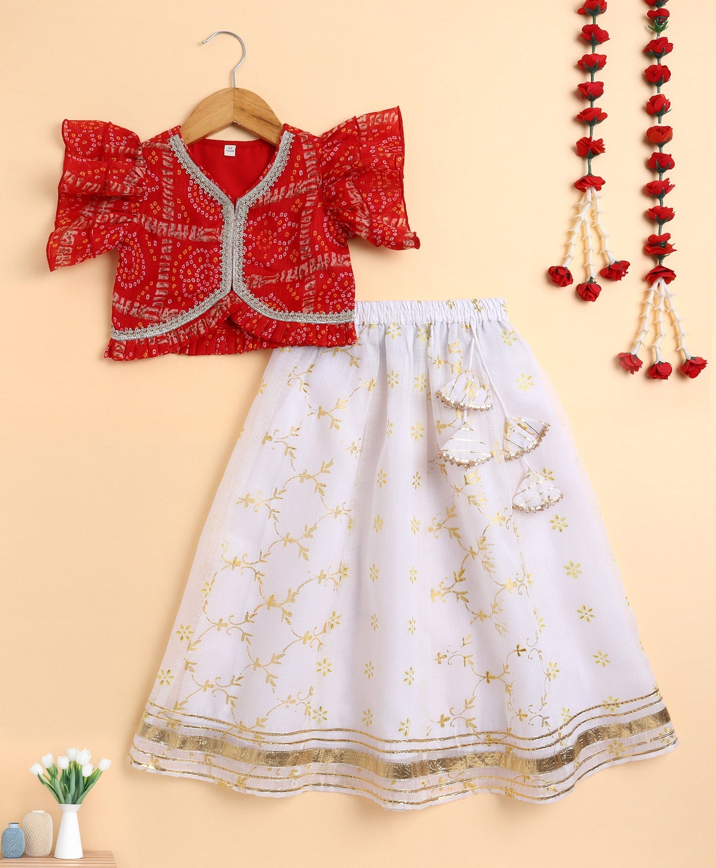 The Magic Wand Woven Kota Doriya Ruffle Sleeves Bandhani Printed Blouse and Foil Lehenga - Red
