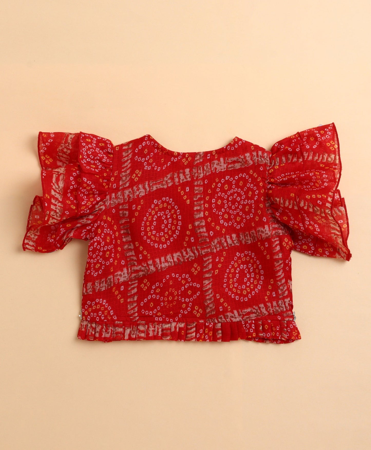 The Magic Wand Woven Kota Doriya Ruffle Sleeves Bandhani Printed Blouse and Foil Lehenga - Red