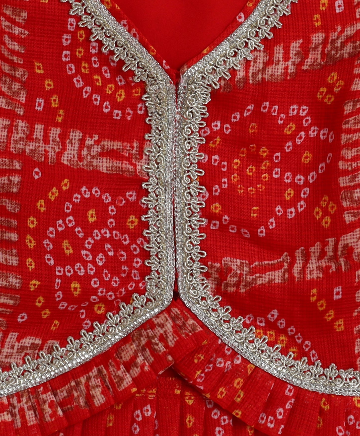 The Magic Wand Woven Kota Doriya Ruffle Sleeves Bandhani Printed Blouse and Foil Lehenga - Red