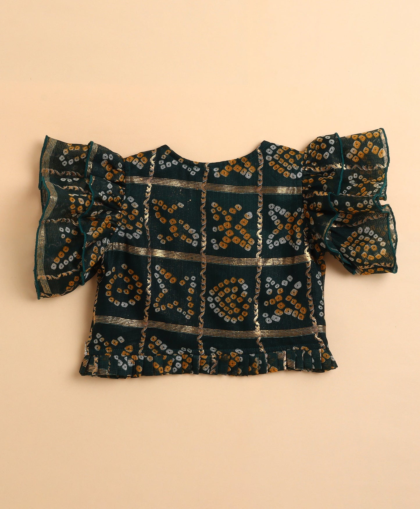 The Magic Wand Woven Kota Doriya Ruffle Sleeves Bandhani Printed Blouse and Foil Lehenga - Green
