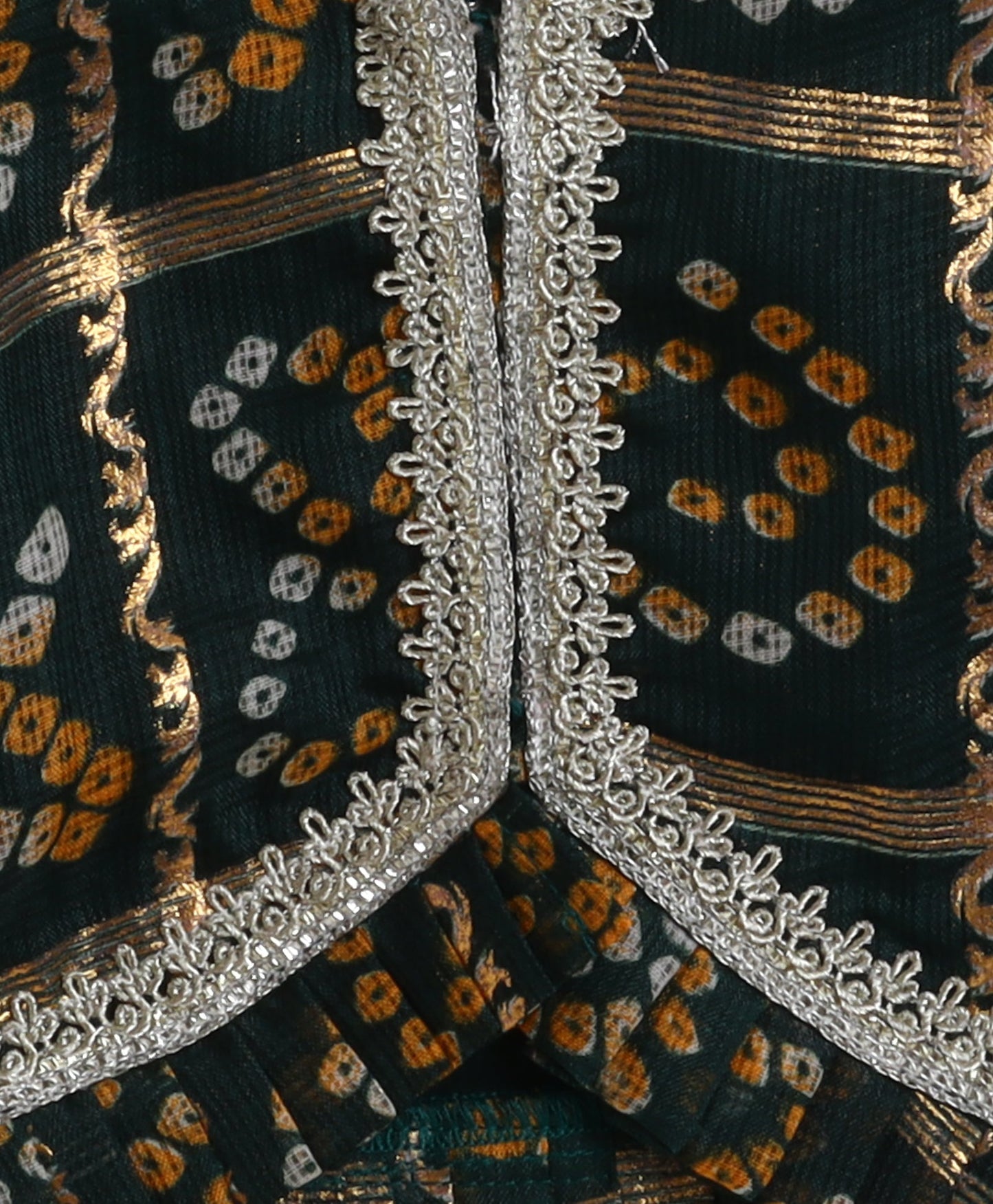 The Magic Wand Woven Kota Doriya Ruffle Sleeves Bandhani Printed Blouse and Foil Lehenga - Green