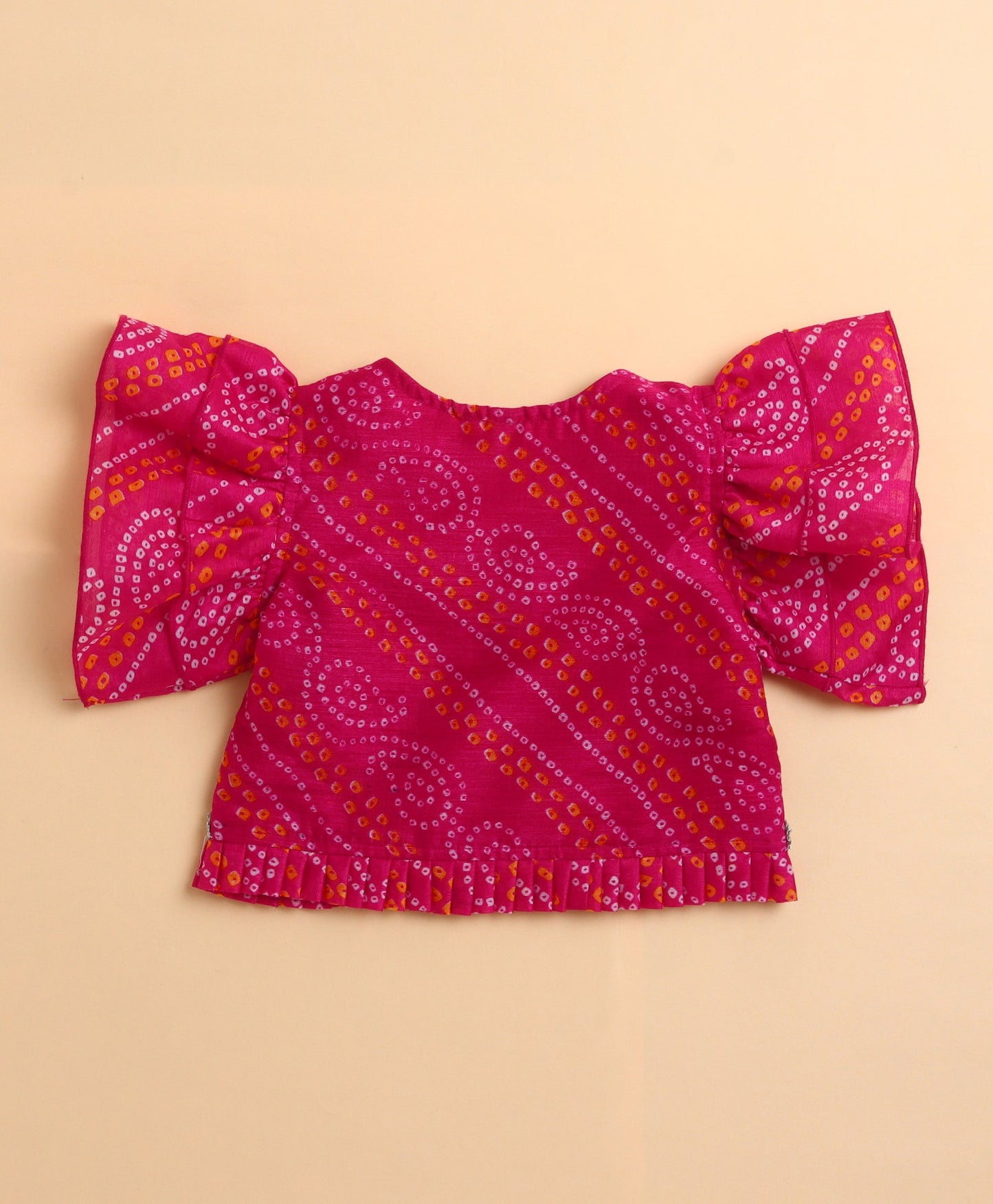The Magic Wand Woven Kota Doriya Ruffle Sleeves Bandhani Printed Blouse and Foil Lehenga - Fuschia