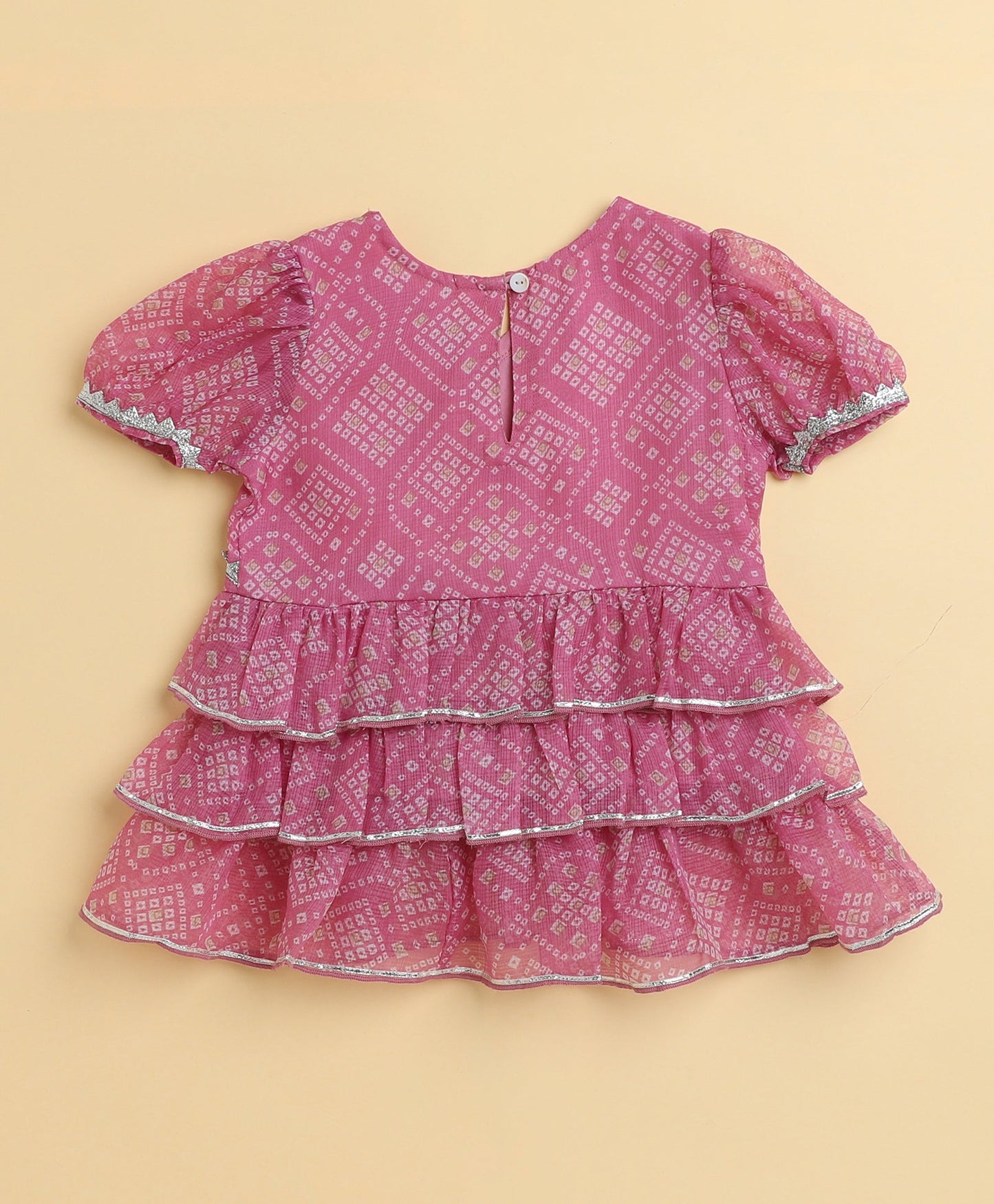 The Magic Wand Woven Puff Sleeves Bandhani Printed Ruffle Layered Top and Bottom Set- Pink