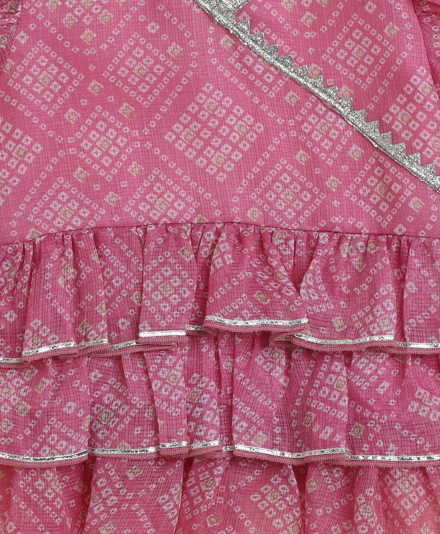The Magic Wand Woven Puff Sleeves Bandhani Printed Ruffle Layered Top and Bottom Set- Pink