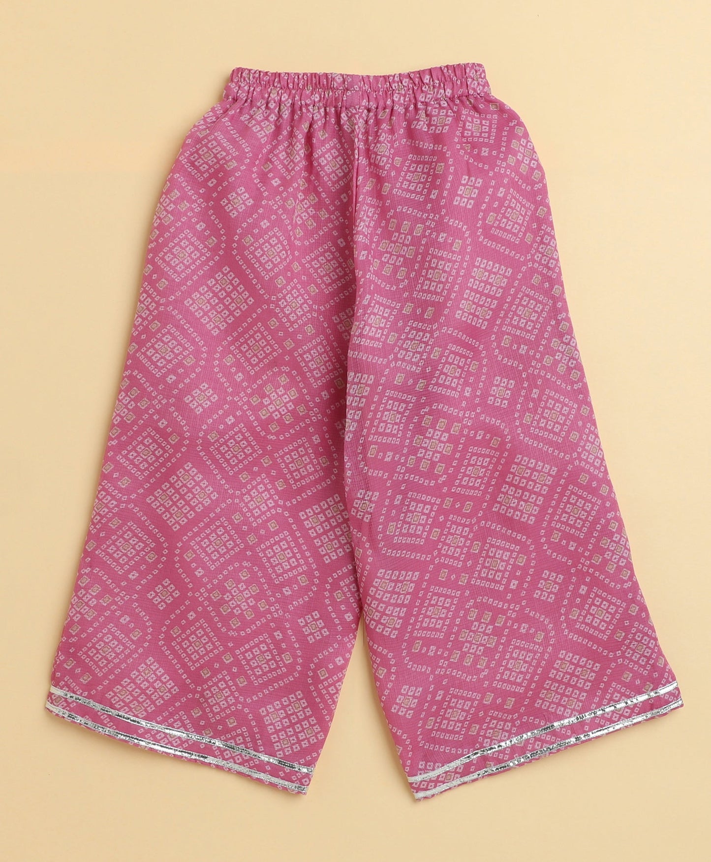 The Magic Wand Woven Puff Sleeves Bandhani Printed Ruffle Layered Top and Bottom Set- Pink