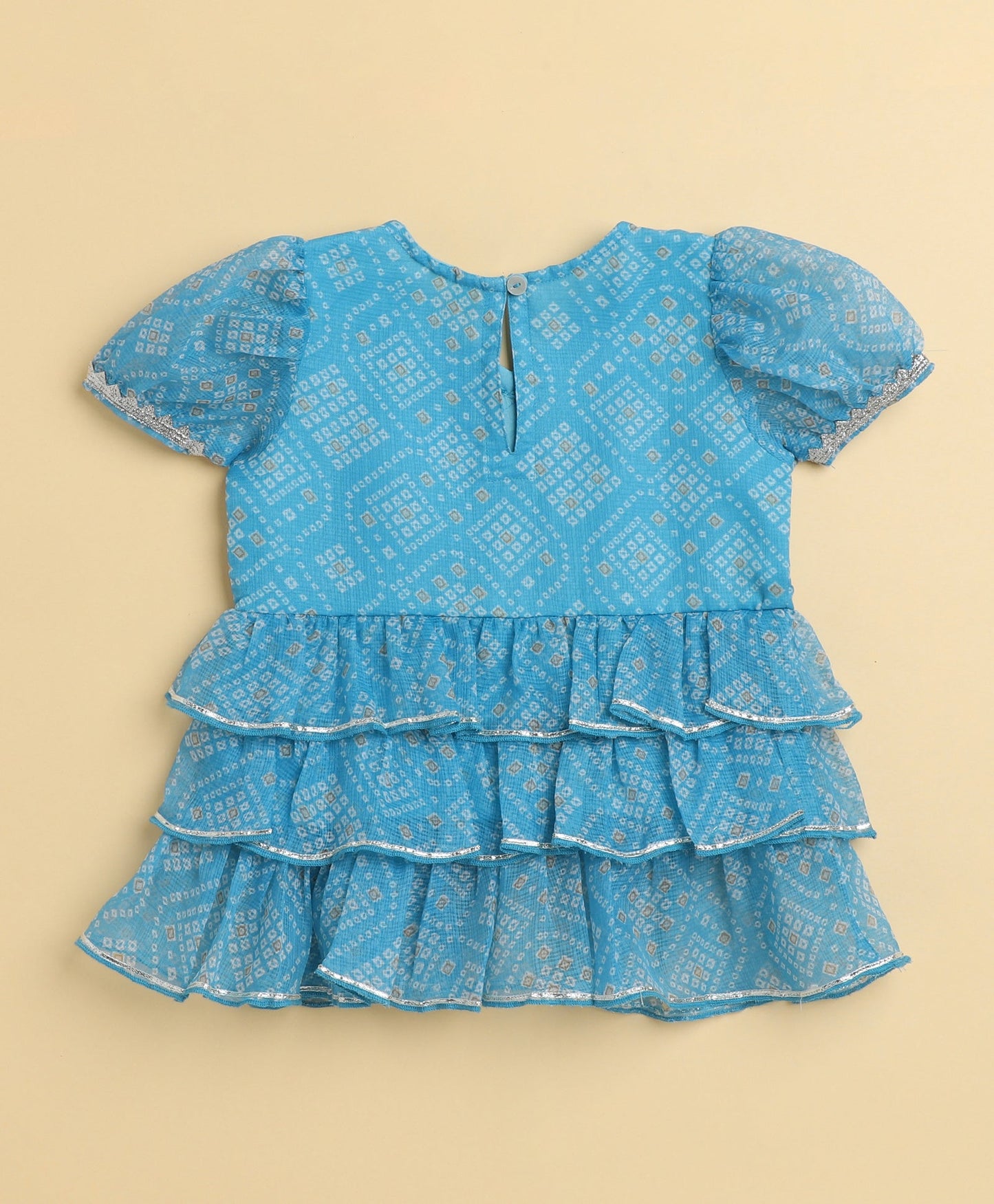 The Magic Wand Woven Puff Sleeves Bandhani Printed Ruffle Layered Top and Bottom Set- Blue