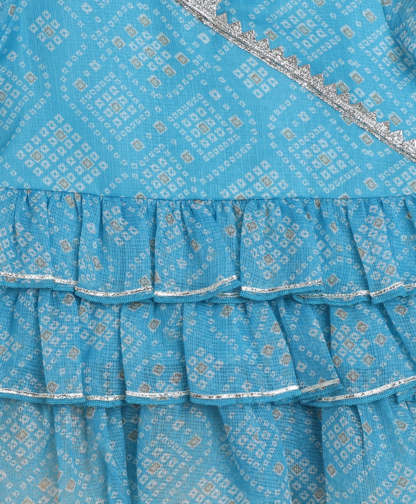 The Magic Wand Woven Puff Sleeves Bandhani Printed Ruffle Layered Top and Bottom Set- Blue