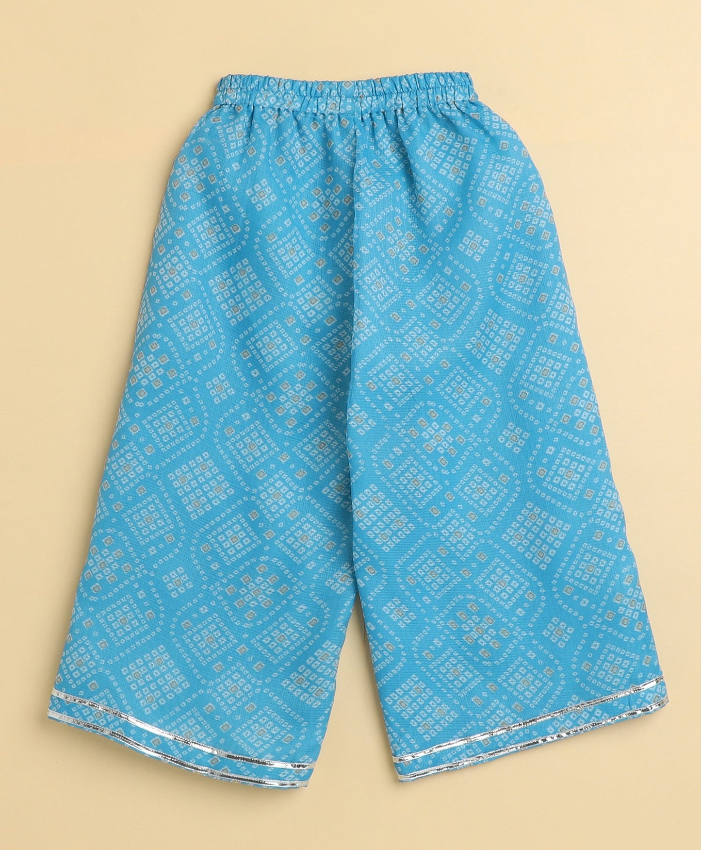 The Magic Wand Woven Puff Sleeves Bandhani Printed Ruffle Layered Top and Bottom Set- Blue