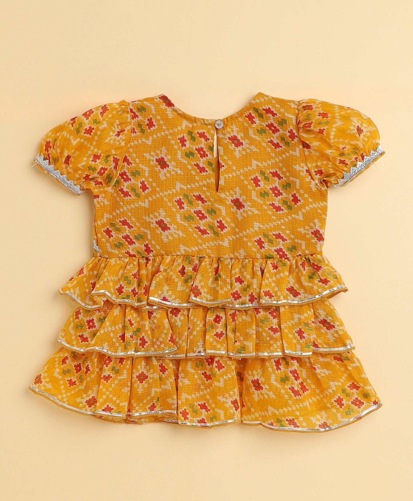 The Magic Wand Woven Puff Sleeves Bandhani Printed Ruffle Layered Top and Bottom Set- Yellow