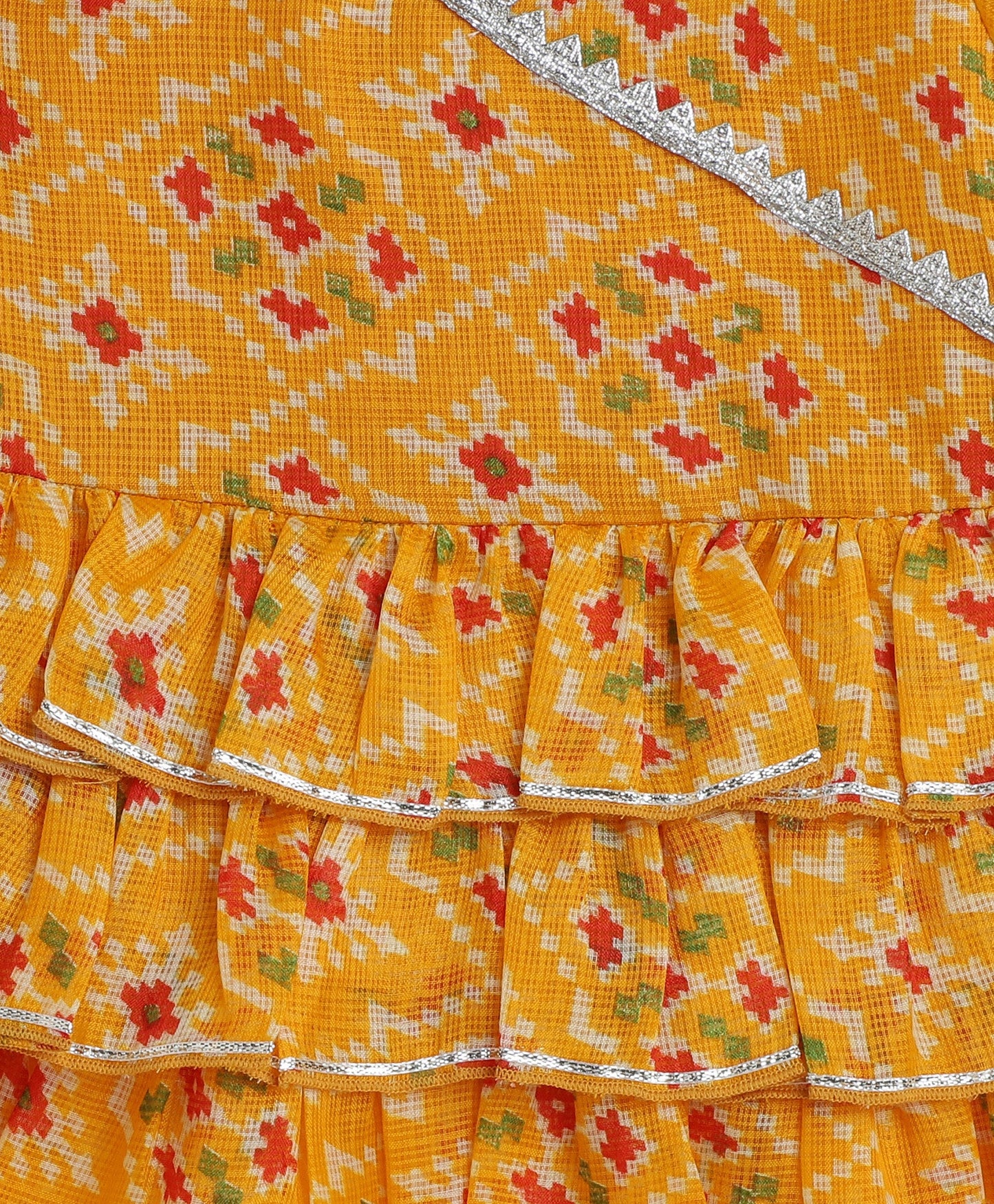 The Magic Wand Woven Puff Sleeves Bandhani Printed Ruffle Layered Top and Bottom Set- Yellow