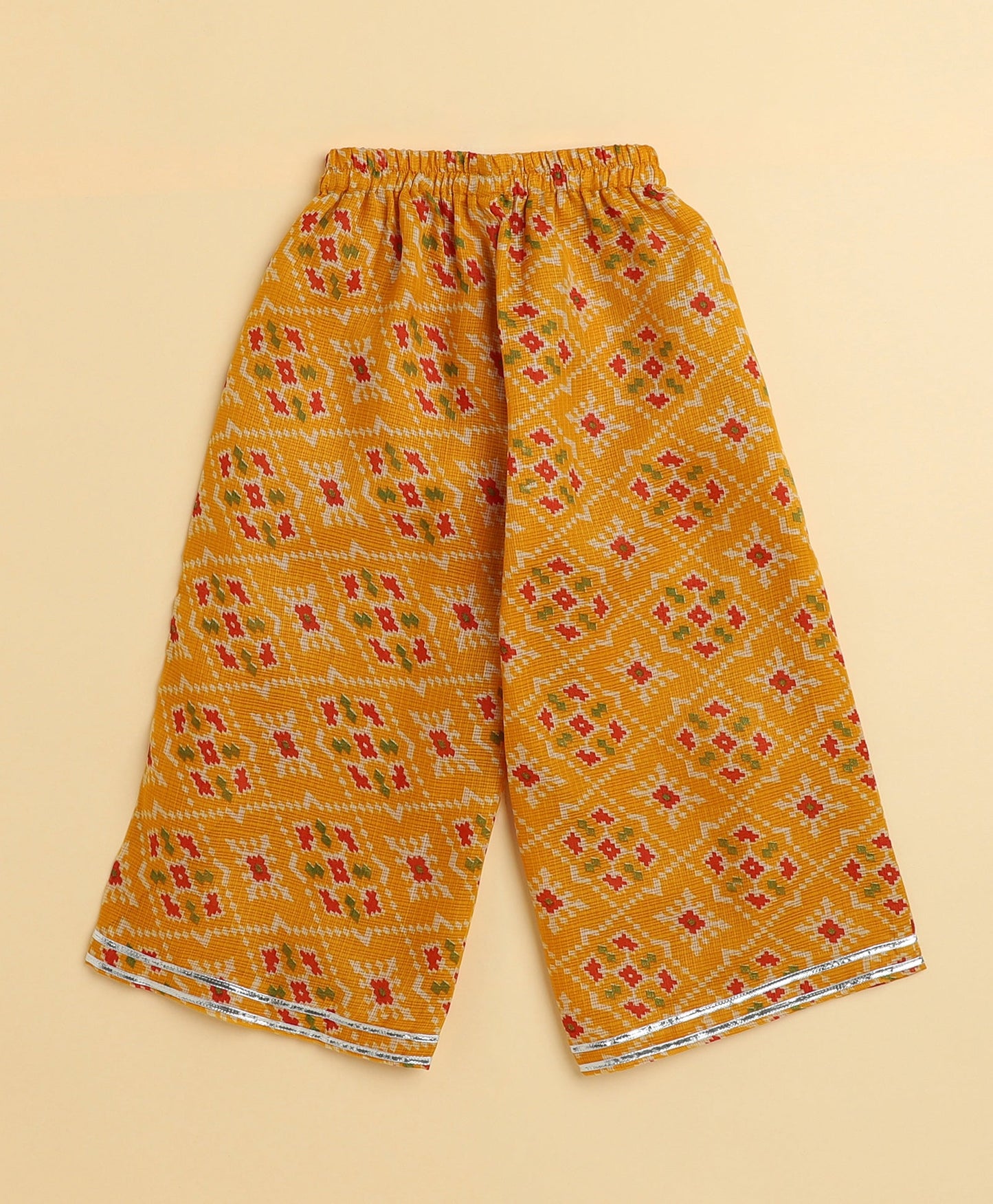 The Magic Wand Woven Puff Sleeves Bandhani Printed Ruffle Layered Top and Bottom Set- Yellow