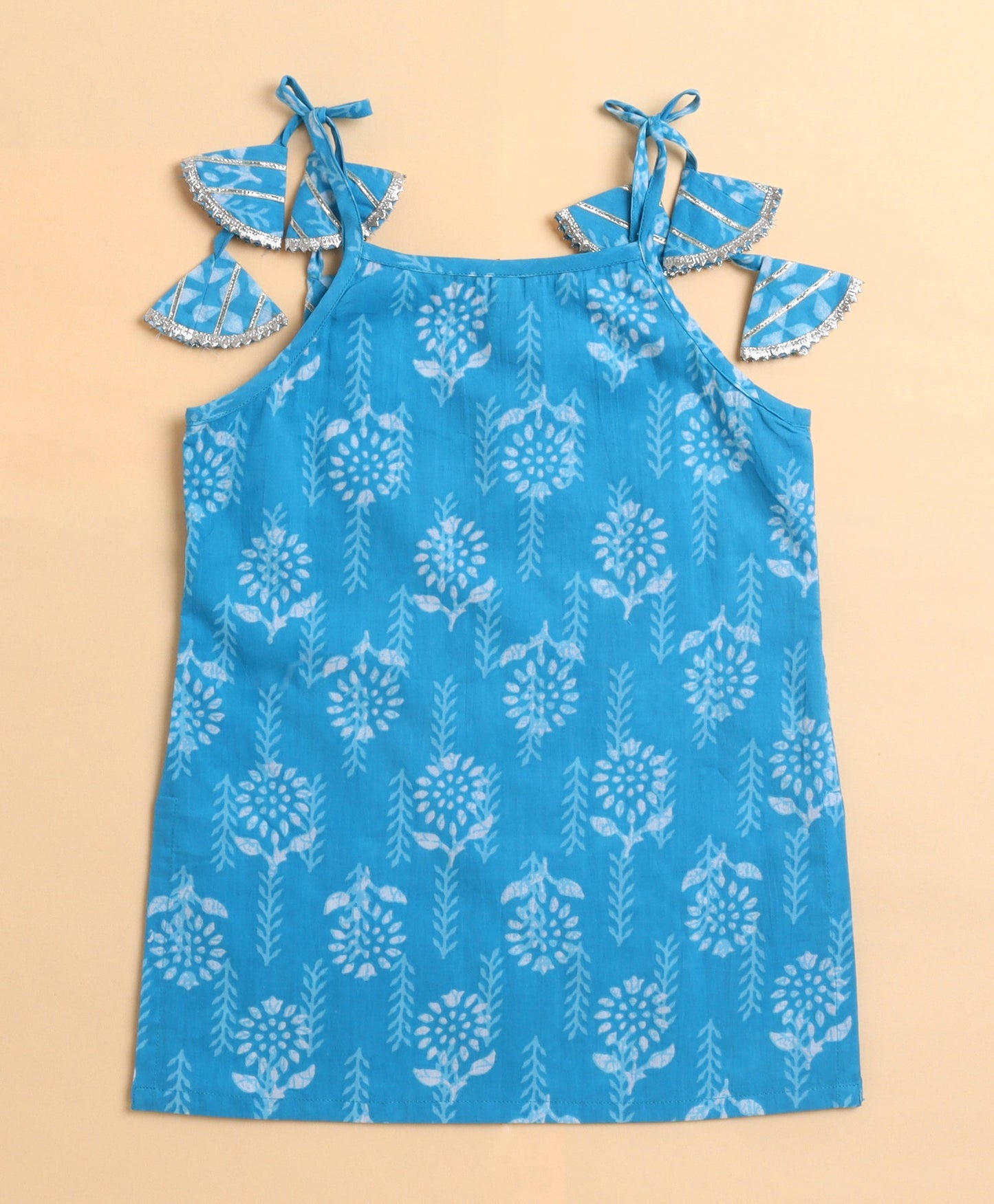 The Magic Wand Cambric Cotton woven Shoulder Tie Ups Printed Kurta Sharara Dupatta Set- Blue