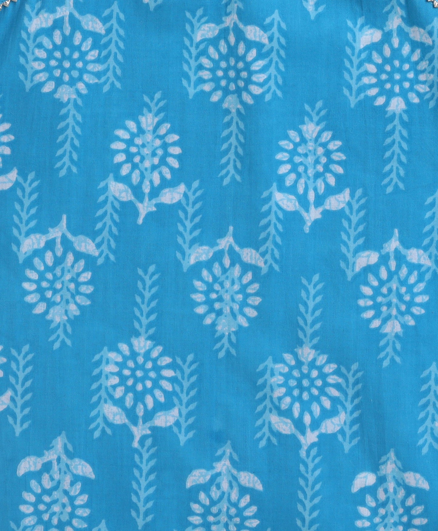 The Magic Wand Cambric Cotton woven Shoulder Tie Ups Printed Kurta Sharara Dupatta Set- Blue