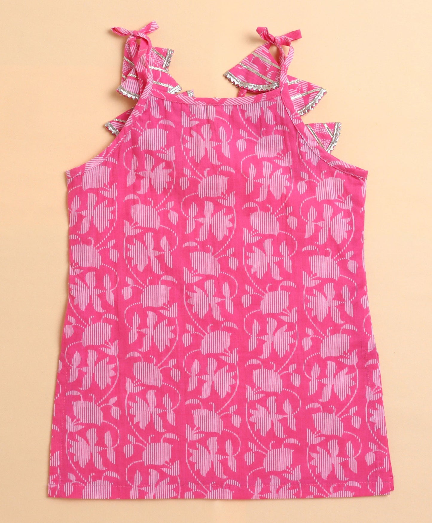 The Magic Wand Cambric Cotton woven Shoulder Tie Ups Printed Kurta Sharara Dupatta Set- Pink