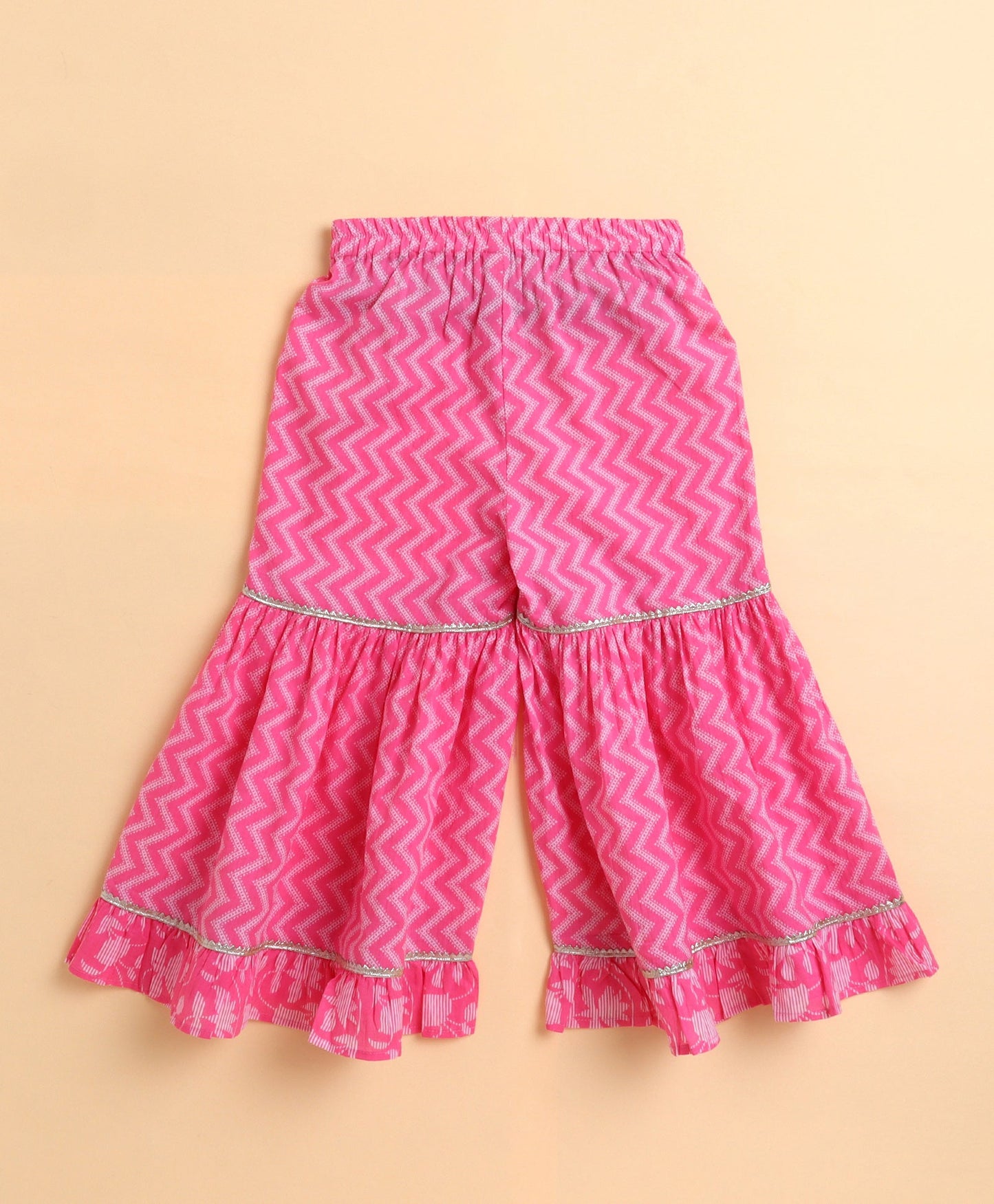 The Magic Wand Cambric Cotton woven Shoulder Tie Ups Printed Kurta Sharara Dupatta Set- Pink