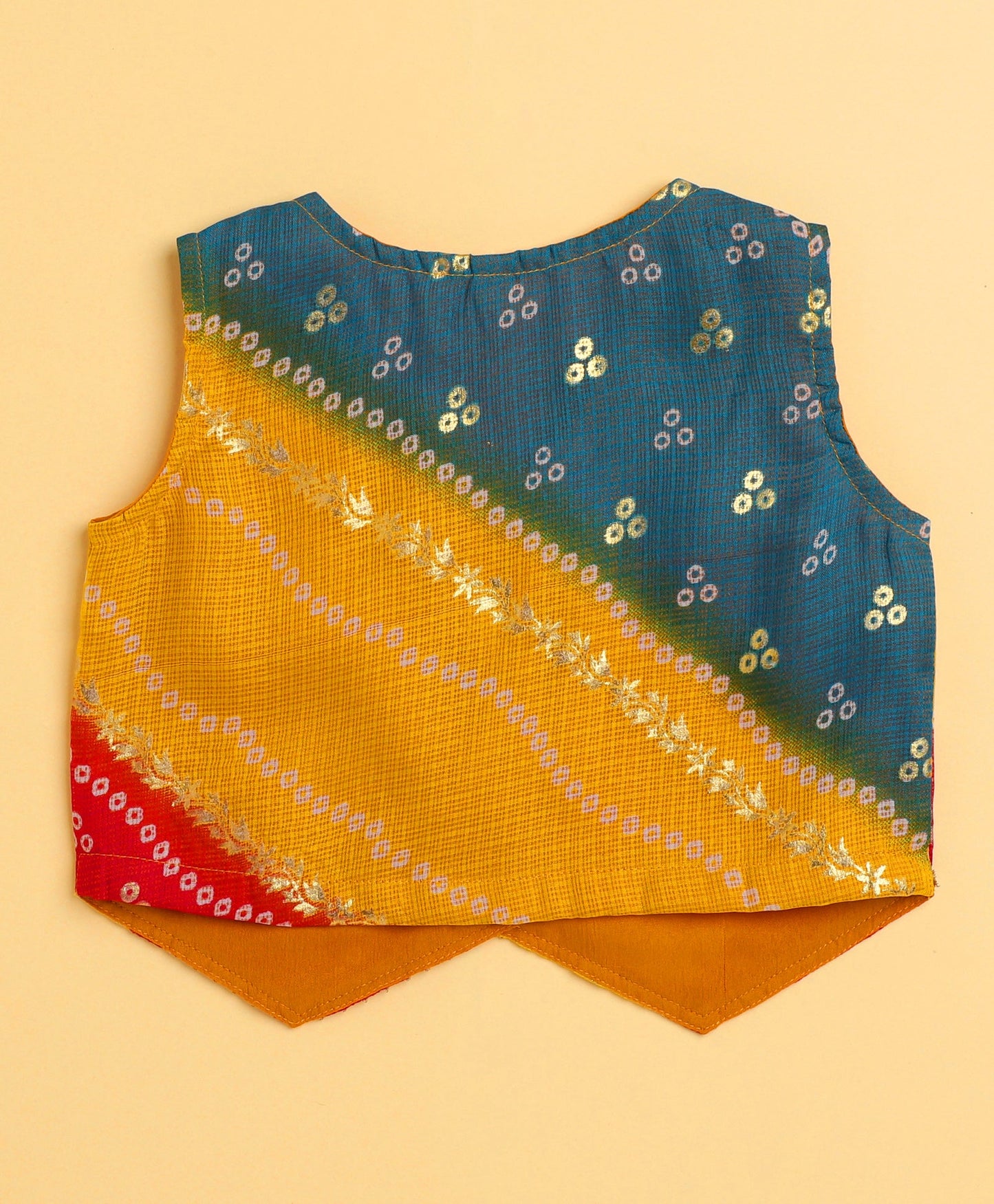 The Magic Wand Woven Kota Doriya Sleeveless Bandhani Printed Waist Coat Foil Lehenga Set - Multi Color