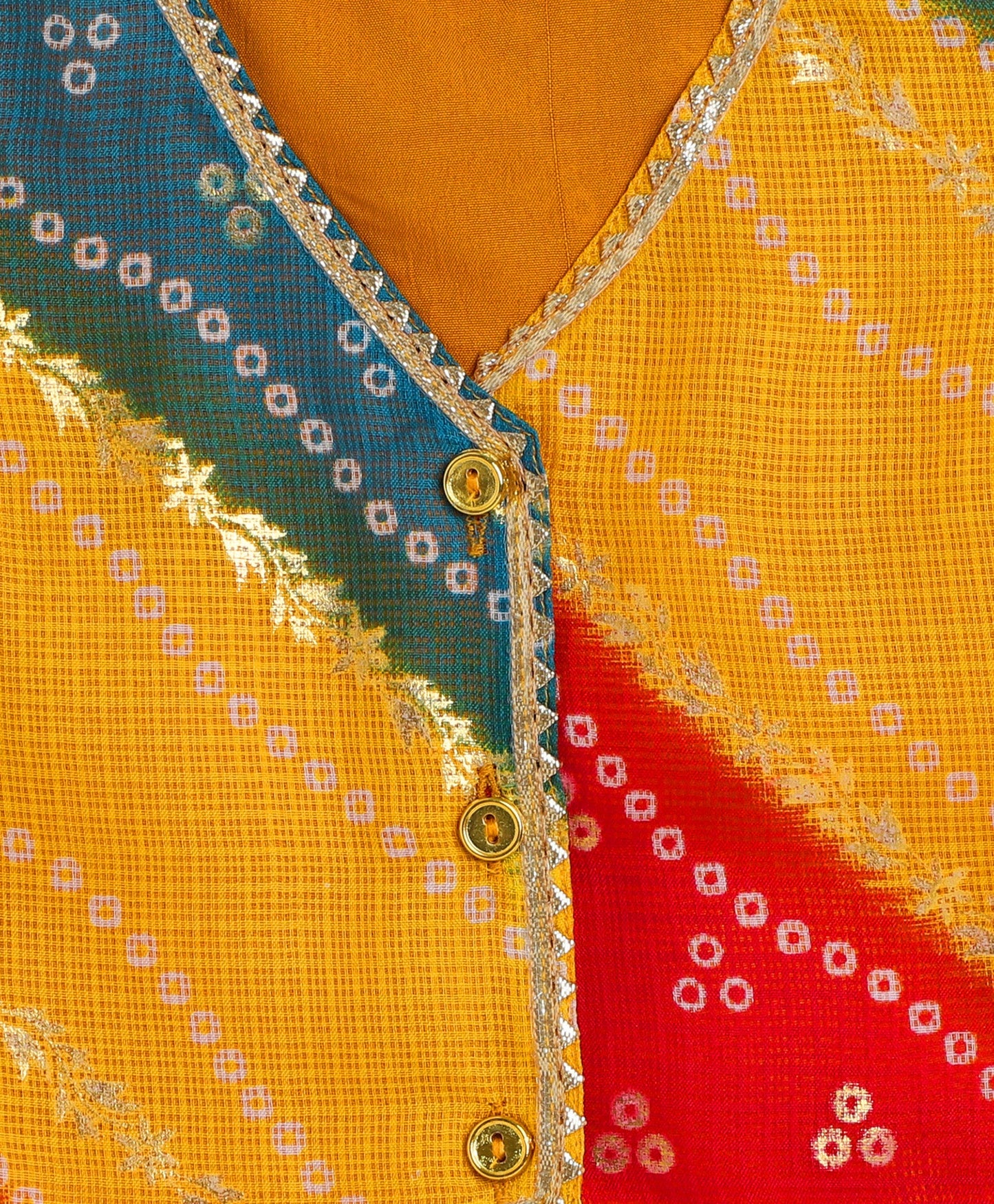 The Magic Wand Woven Kota Doriya Sleeveless Bandhani Printed Waist Coat Foil Lehenga Set - Multi Color