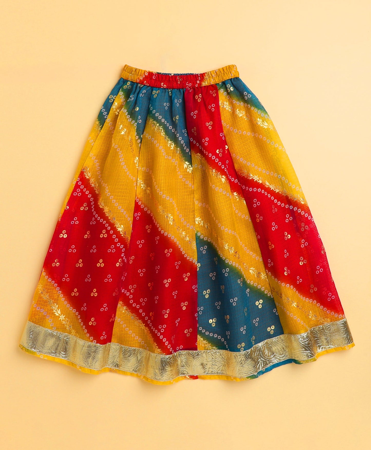 The Magic Wand Woven Kota Doriya Sleeveless Bandhani Printed Waist Coat Foil Lehenga Set - Multi Color