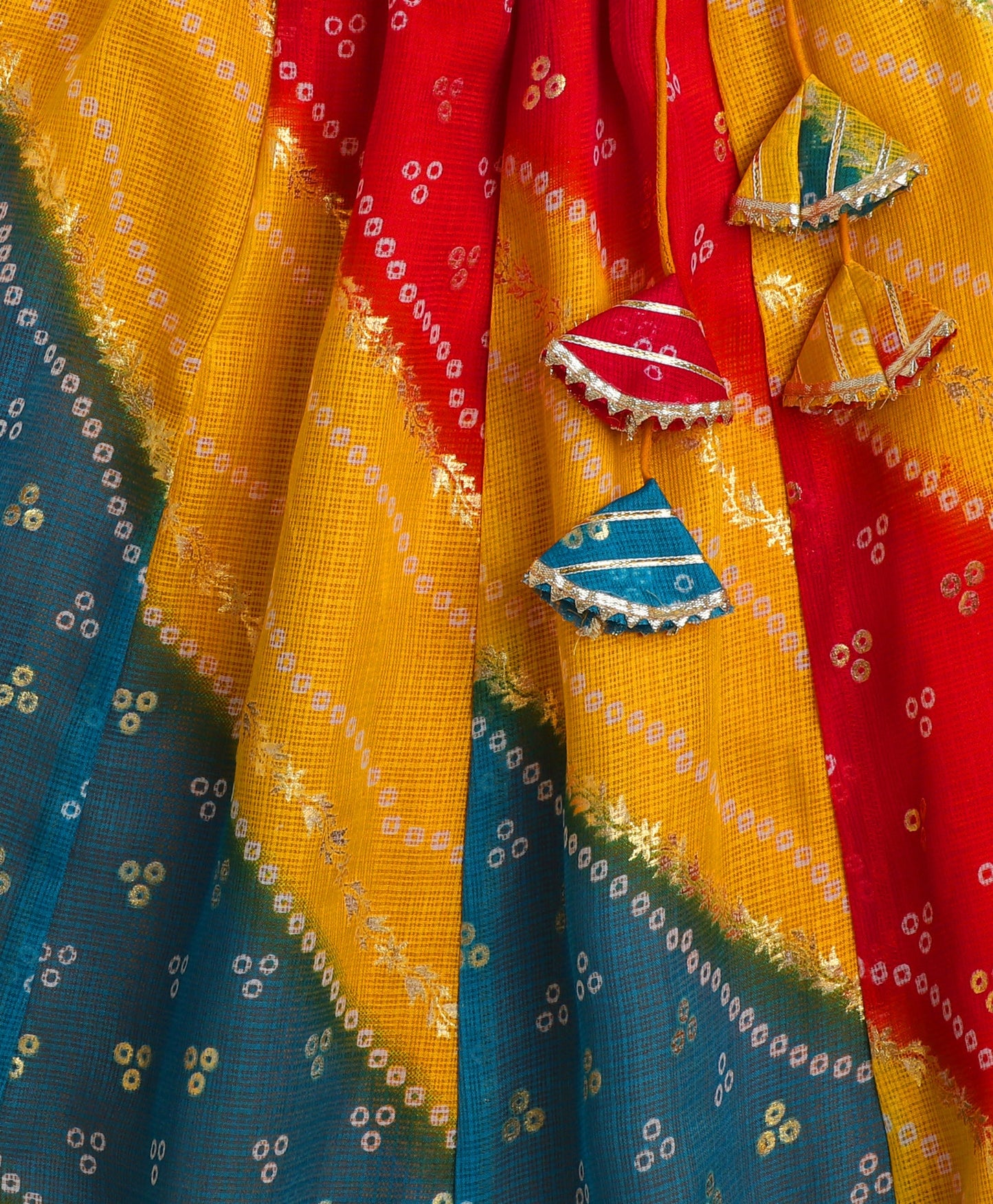 The Magic Wand Woven Kota Doriya Sleeveless Bandhani Printed Waist Coat Foil Lehenga Set - Multi Color