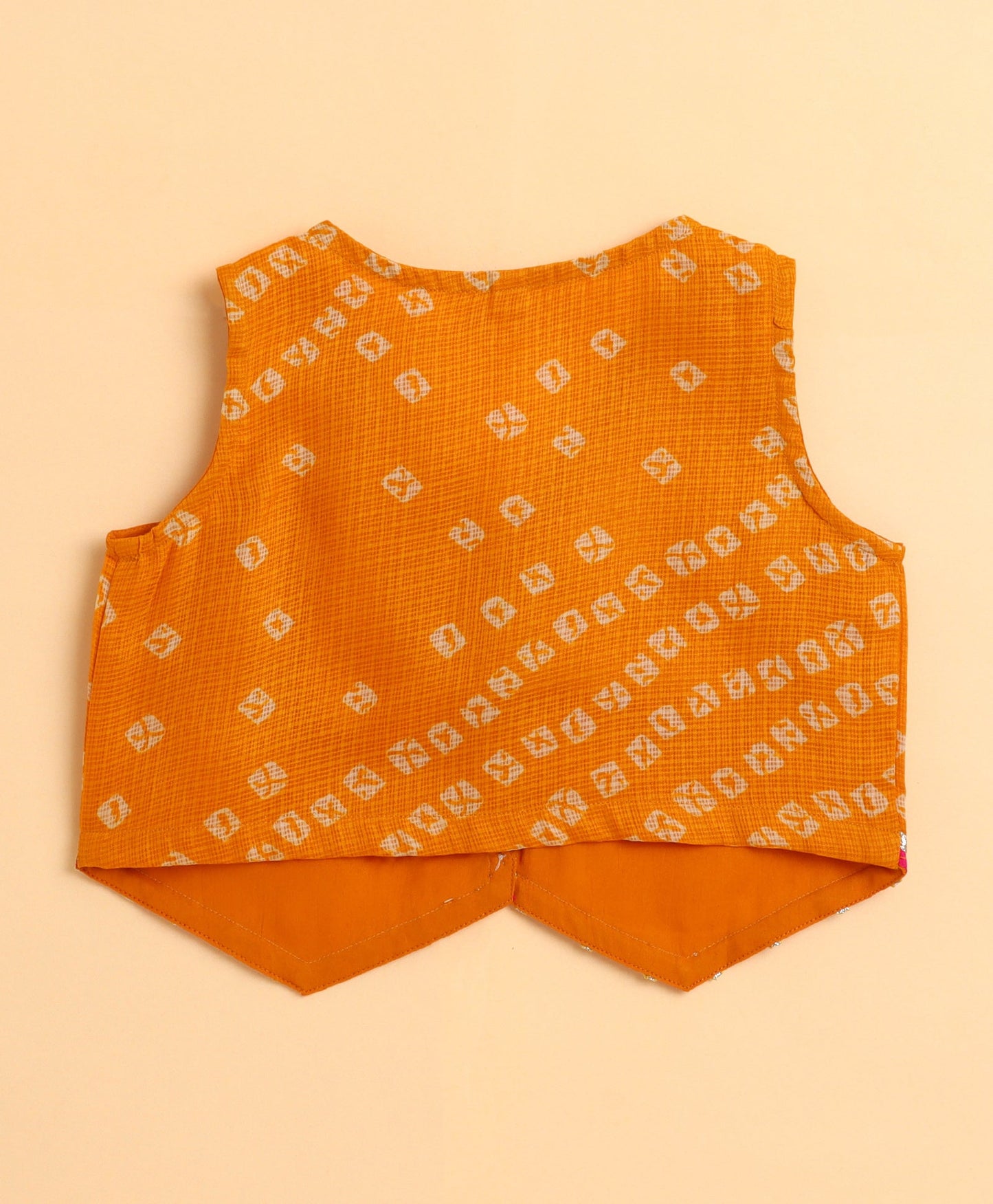 The Magic Wand Kota Doriya Sleeveless Bandhani Printed Waist Coat Lehenga Set - Yellow
