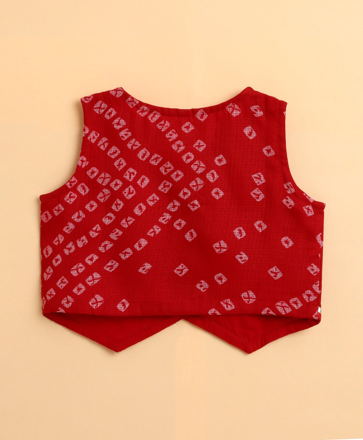 The Magic Wand Kota Doriya Sleeveless Bandhani Printed Waist Coat Lehenga Set - Red