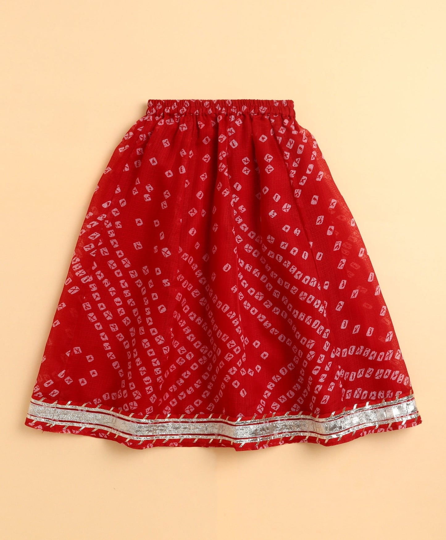 The Magic Wand Kota Doriya Sleeveless Bandhani Printed Waist Coat Lehenga Set - Red
