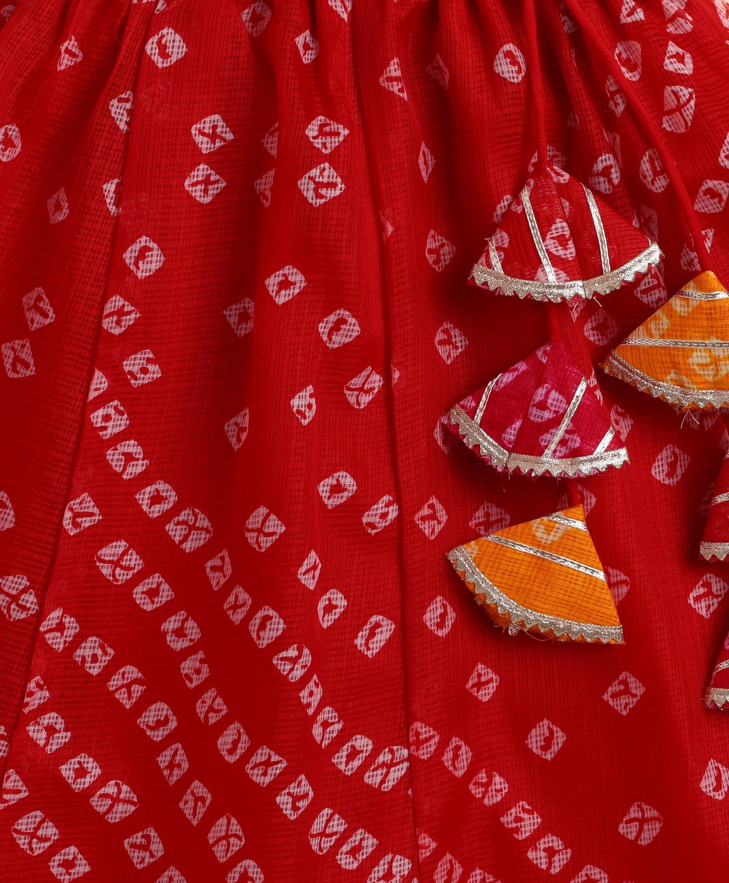 The Magic Wand Kota Doriya Sleeveless Bandhani Printed Waist Coat Lehenga Set - Red