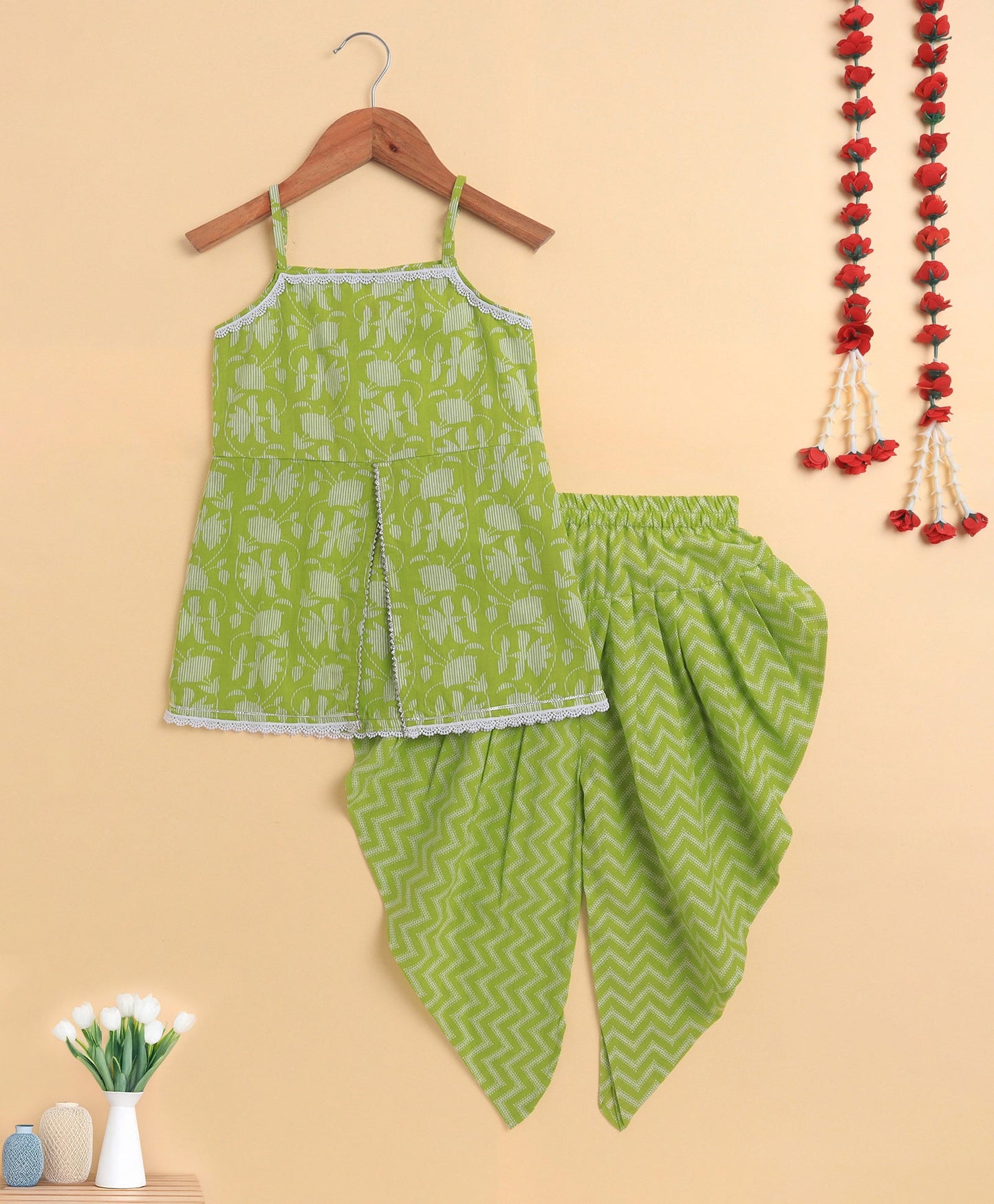 The Magic Wand Cambric Cotton printed Singlet Front Slit Kurta and Dhoti Set - Green