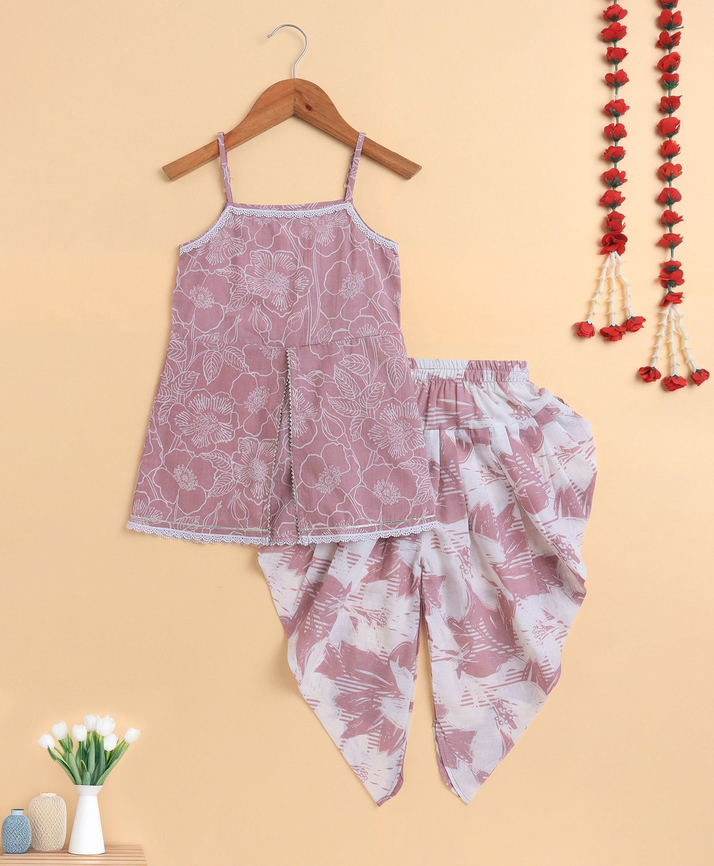 The Magic Wand Cambric Cotton printed Singlet Front Slit Kurta and Dhoti Set - Pink