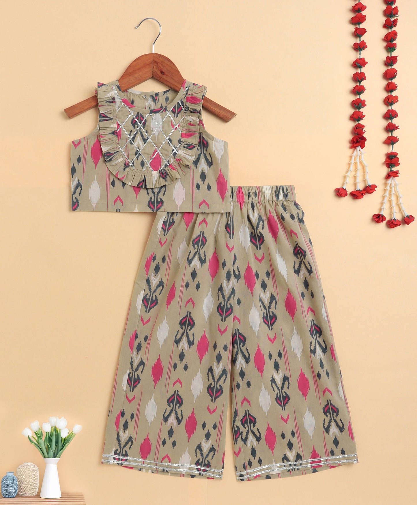 The Magic Wand Cambric Cotton Sleeveless Ikat Printed Frill with Gota Top and Plazzo Set - Grey
