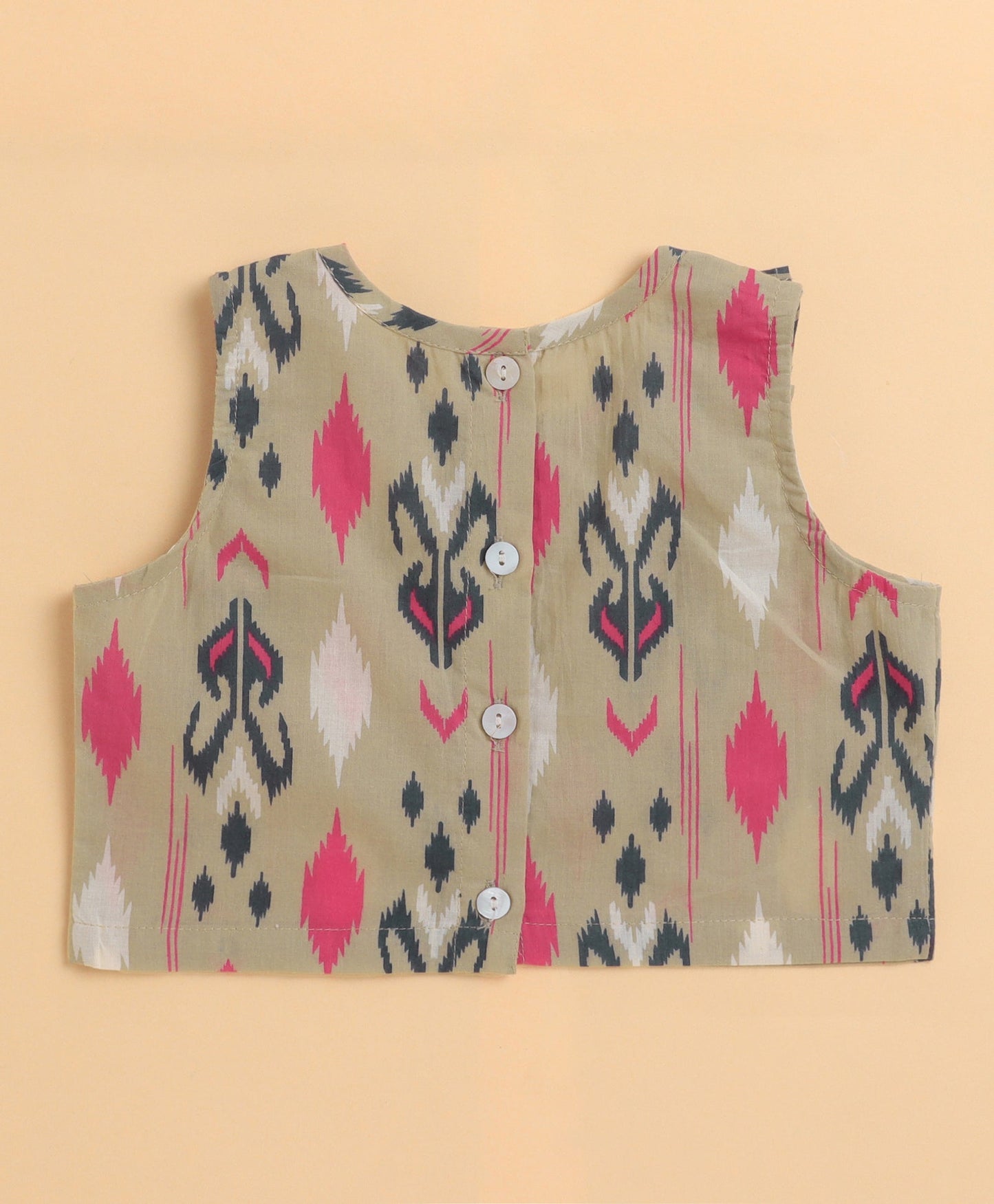 The Magic Wand Cambric Cotton Sleeveless Ikat Printed Frill with Gota Top and Plazzo Set - Grey