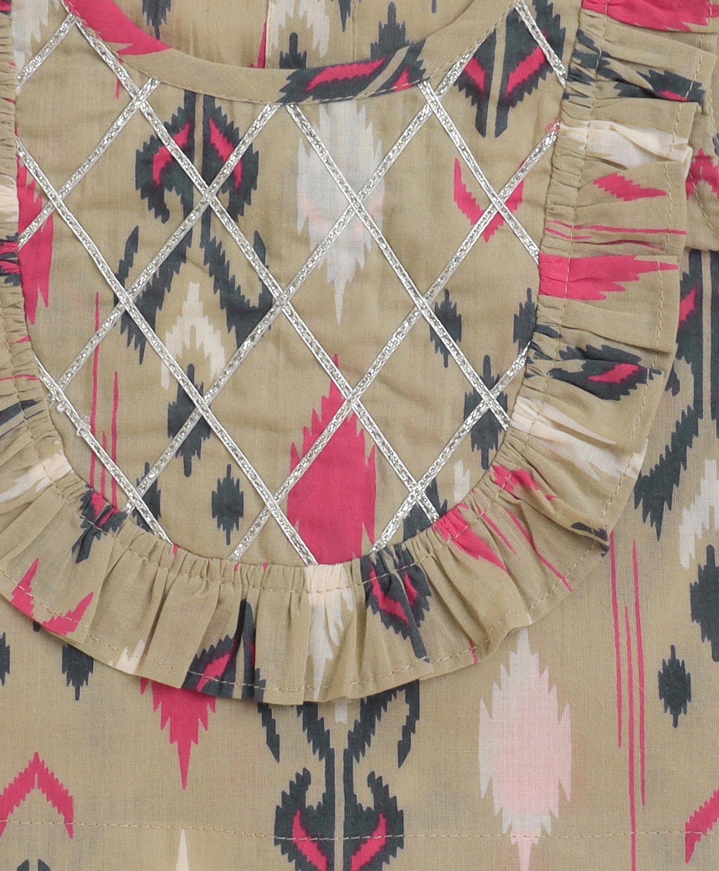 The Magic Wand Cambric Cotton Sleeveless Ikat Printed Frill with Gota Top and Plazzo Set - Grey