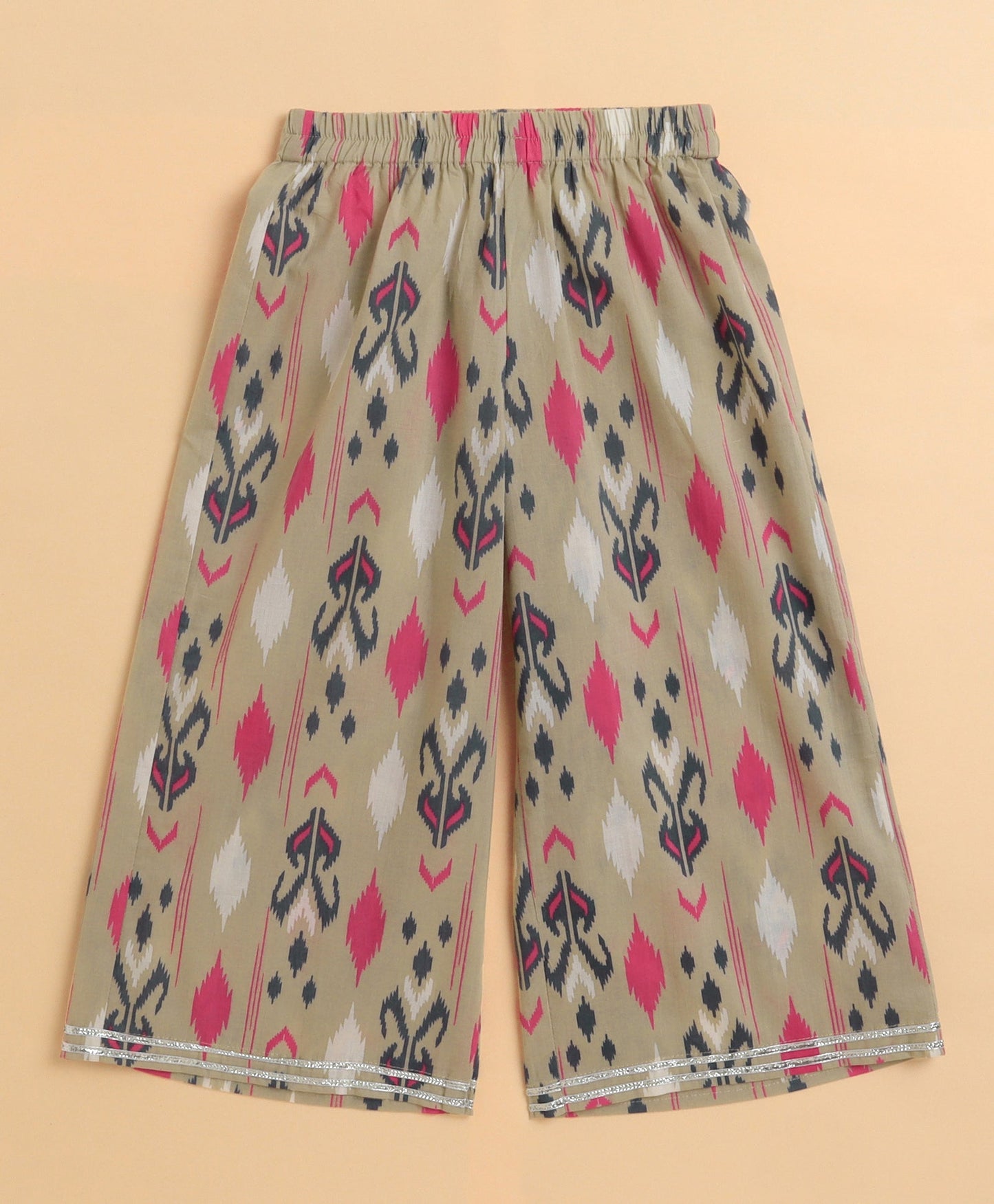 The Magic Wand Cambric Cotton Sleeveless Ikat Printed Frill with Gota Top and Plazzo Set - Grey