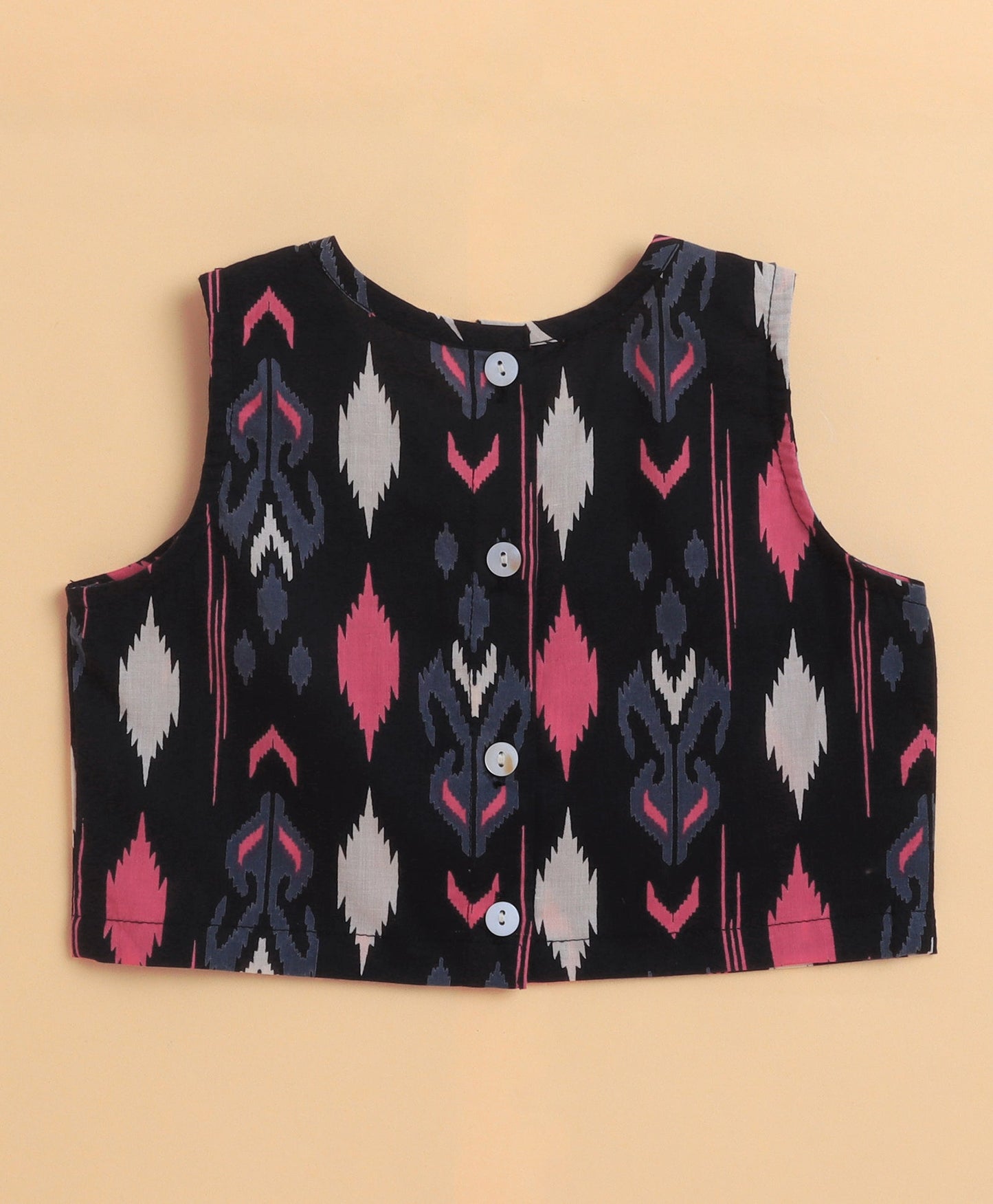 The Magic Wand Cambric Cotton Sleeveless Ikat Printed Frill with Gota Top and Plazzo Set - Navy Blue