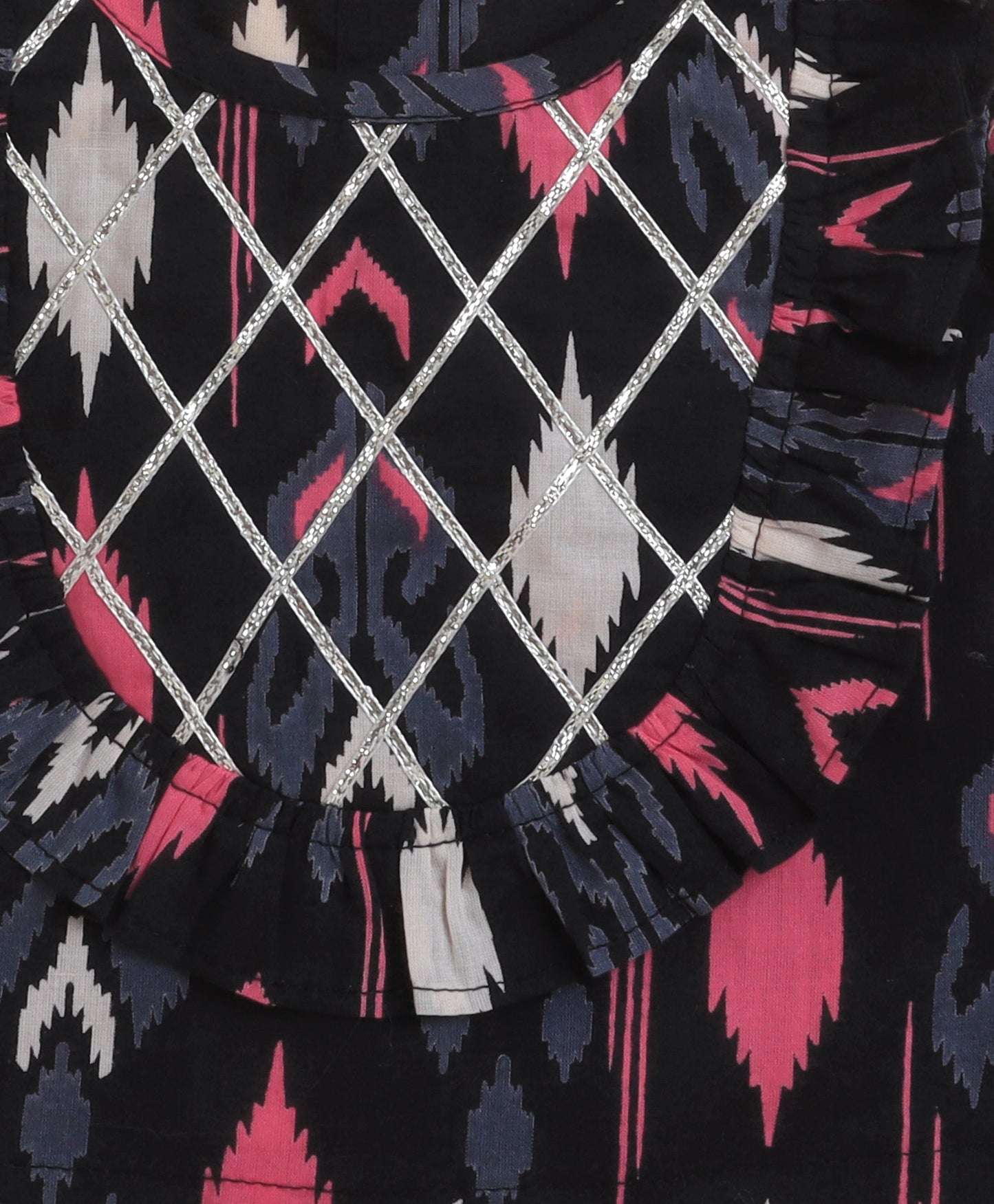 The Magic Wand Cambric Cotton Sleeveless Ikat Printed Frill with Gota Top and Plazzo Set - Navy Blue