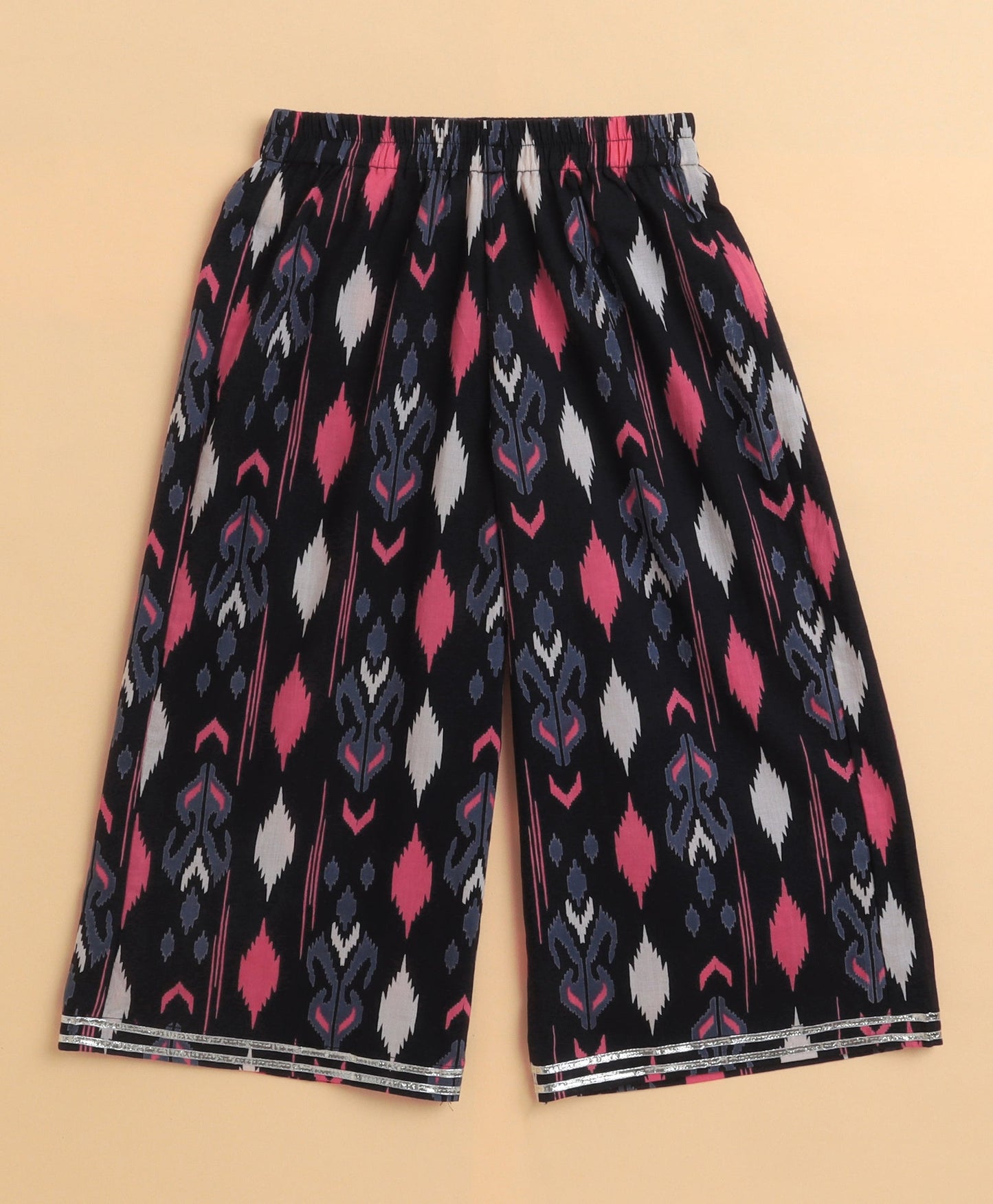 The Magic Wand Cambric Cotton Sleeveless Ikat Printed Frill with Gota Top and Plazzo Set - Navy Blue