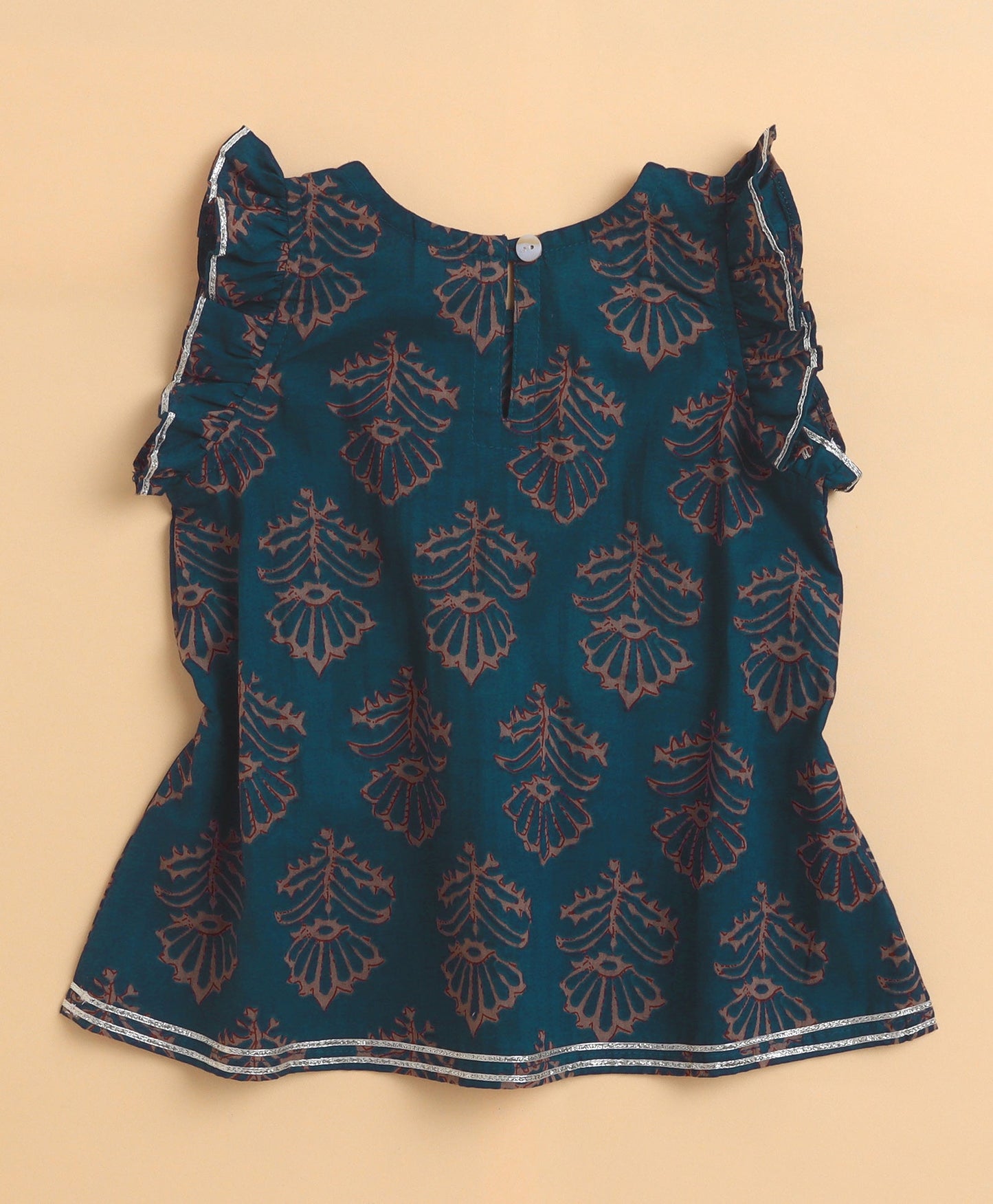 The Magic Wand Cambric Cotton Frill Sleeves Floral Printed Top and Bottom Co-ord Set- Teal Blue