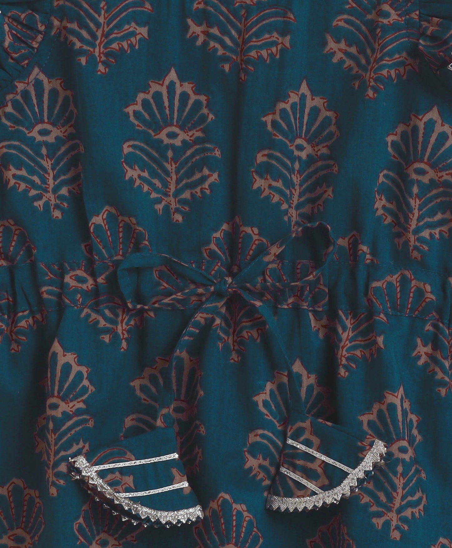 The Magic Wand Cambric Cotton Frill Sleeves Floral Printed Top and Bottom Co-ord Set- Teal Blue