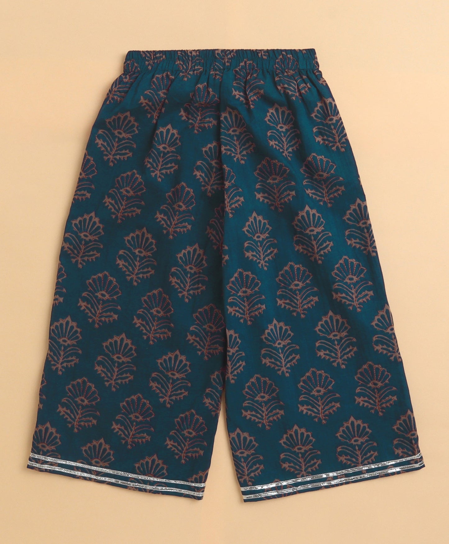 The Magic Wand Cambric Cotton Frill Sleeves Floral Printed Top and Bottom Co-ord Set- Teal Blue