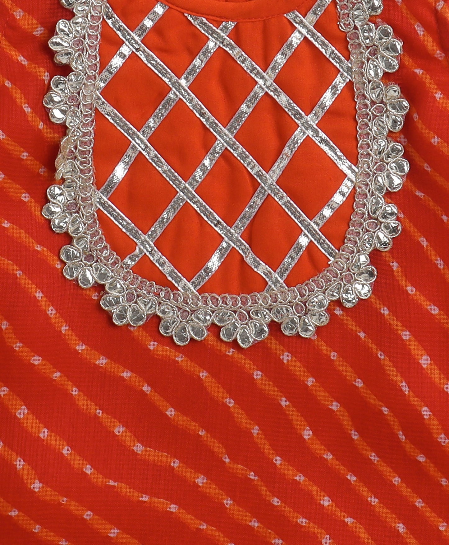 The Magic Wand Woven Sleeveless Leheriya Printed Gota Lace Embellished Kurta and Sharara Dupatta Set- Orange