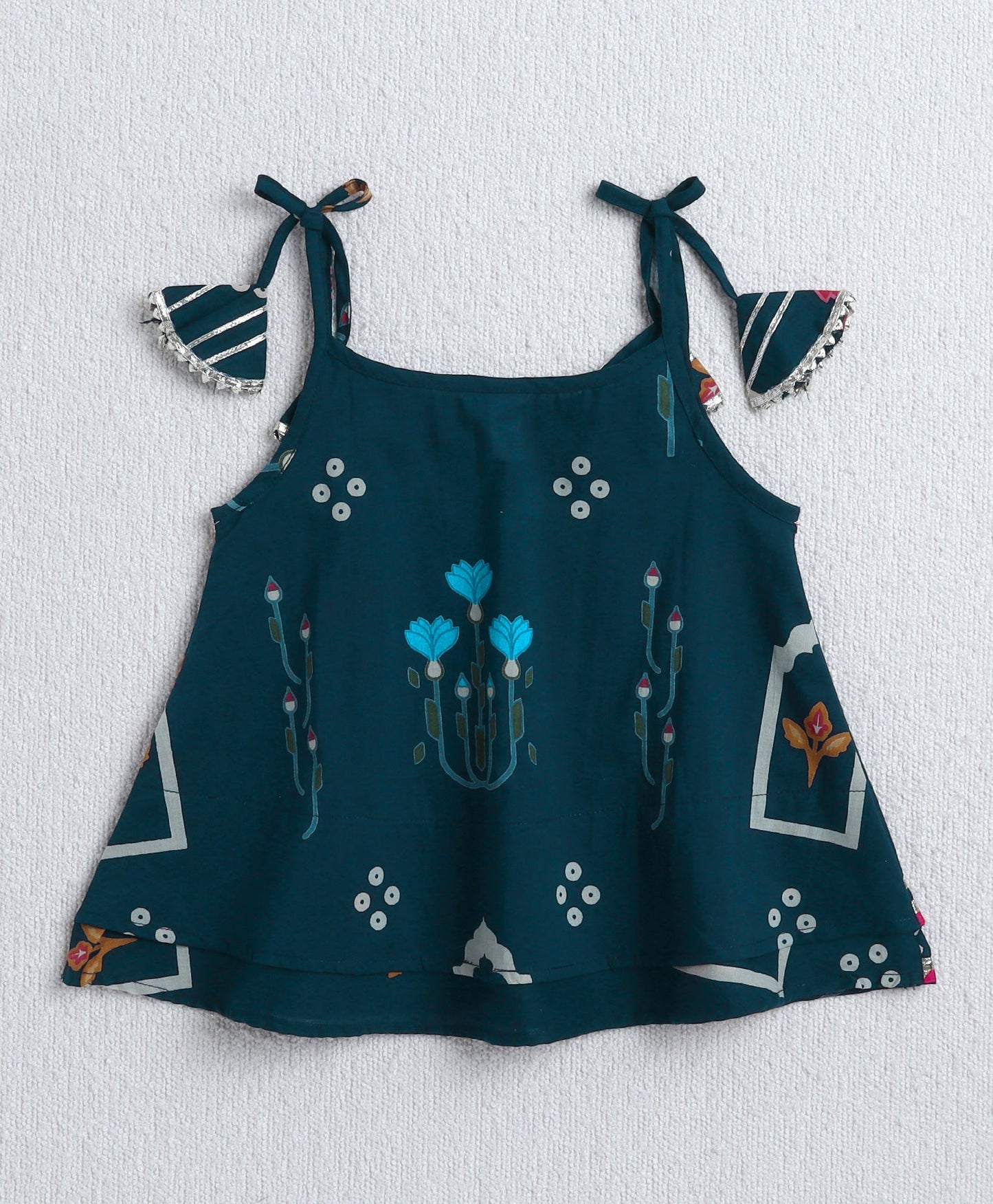 The Magic Wand Cambric Cotton Shoulder Tie Ups Printed Tent Top and Dhoti Set- Navy Blue