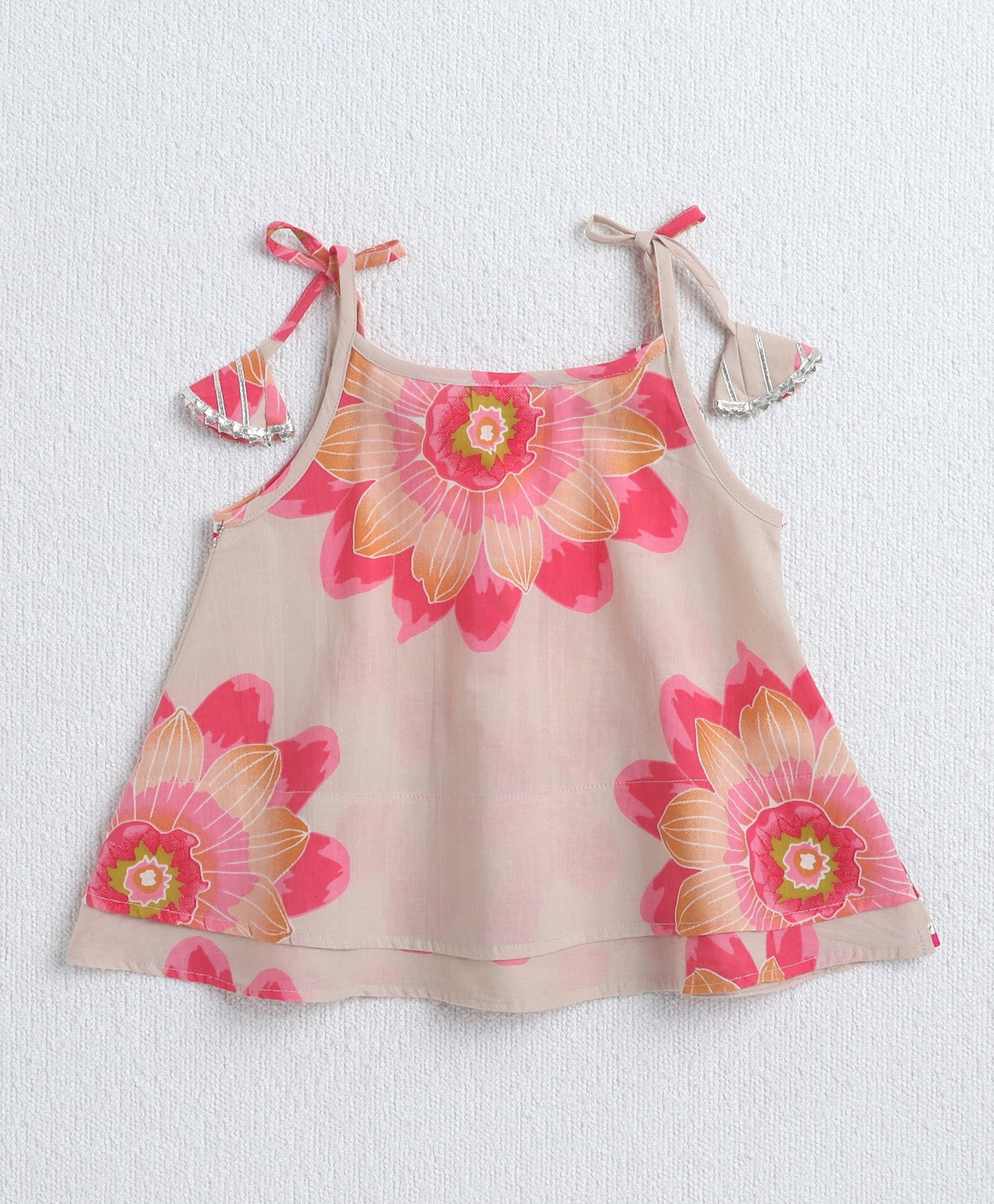 The Magic Wand Cambric Cotton Shoulder Tie Ups Floral Printed Tent Top and Dhoti Set-Beige
