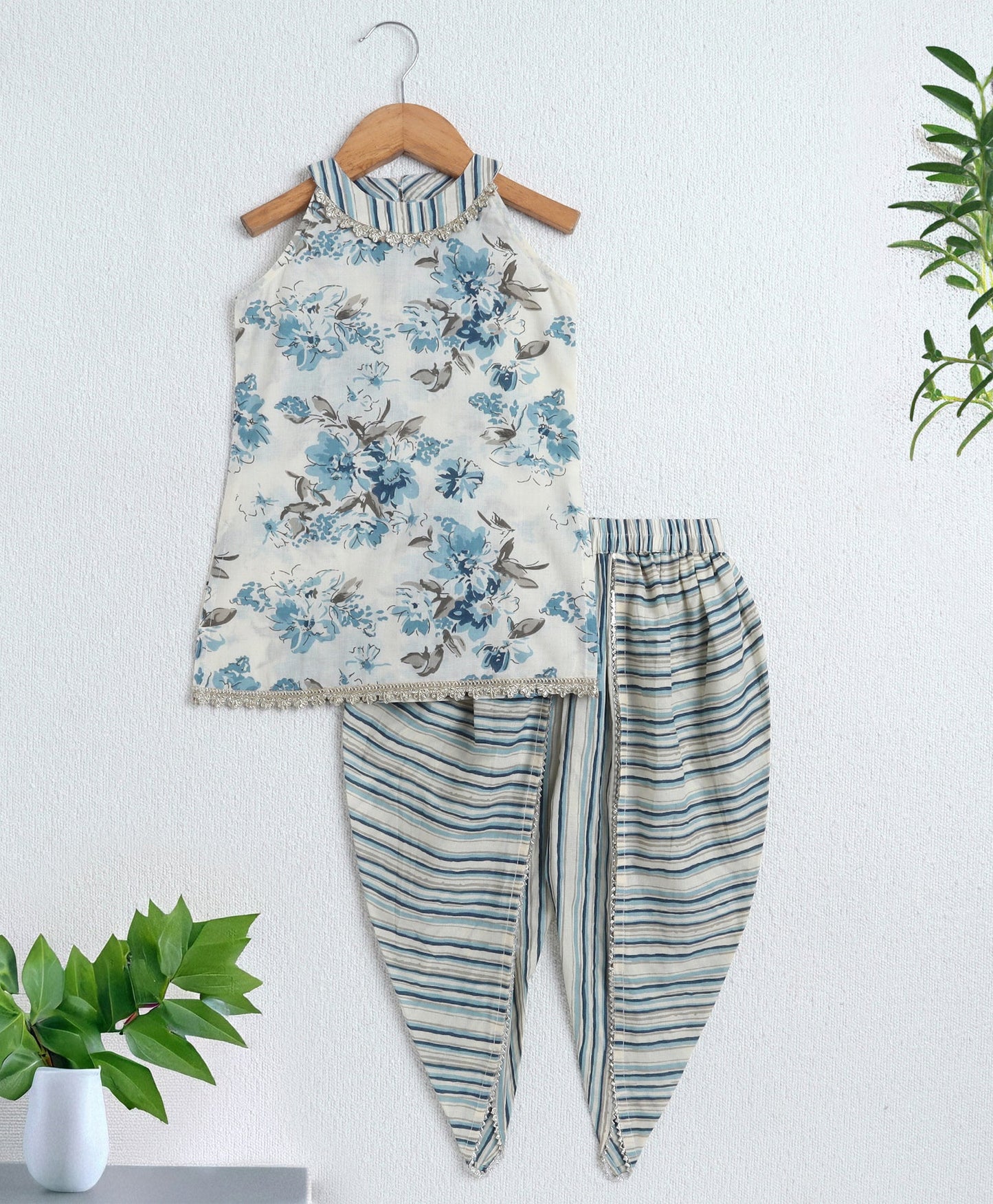 The Magic Wand Cambric Cotton Incut Floral Printed Gota Lace Top and Dhoti Set-Off White