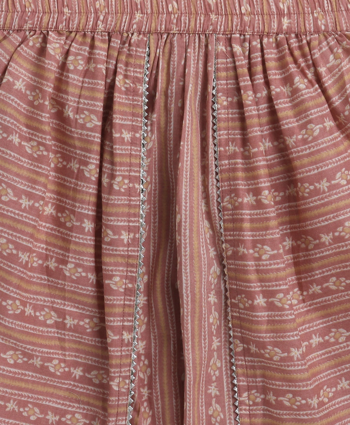 Cotton Incut Neck Floral Printed Foil Gota Lace Top and Dhoti Set-Pink