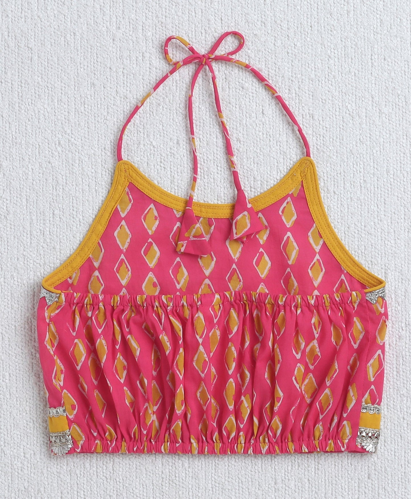The Magic Wand Cambric Cotton Halter Neck AII Over Printed Choli and Lehenga with Dupatta Set- Pink
