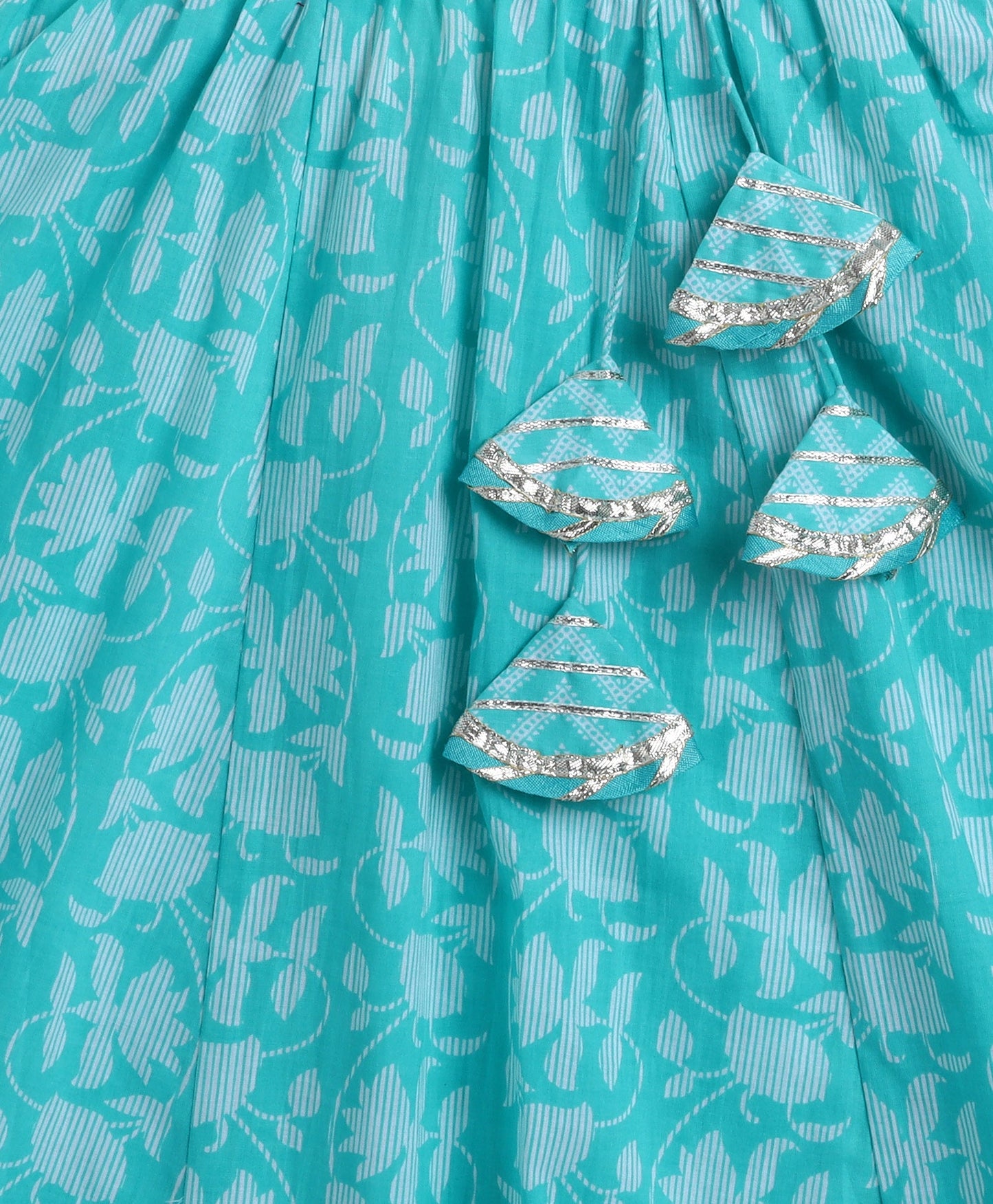 The Magic Wand Cambric Cotton Frill Sleeves AII Over Printed Lace Detailing Choli and Lehenga With Dupatta Set- Blue