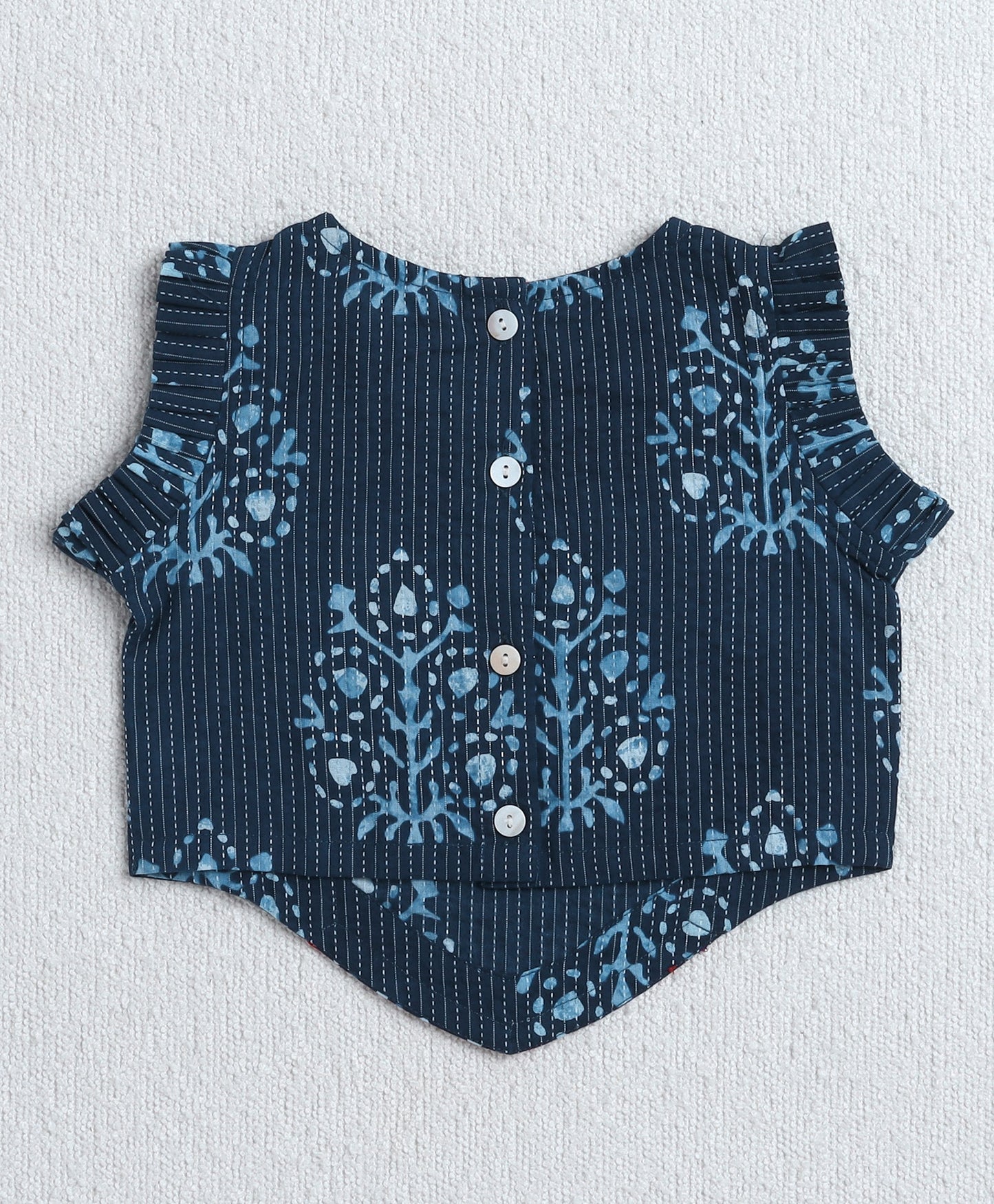 The Magic Wand Cambric Cotton Frill Sleeves AII Over Printed Lace Detailing Choli and Lehenga With Dupatta Set- Navy Blue