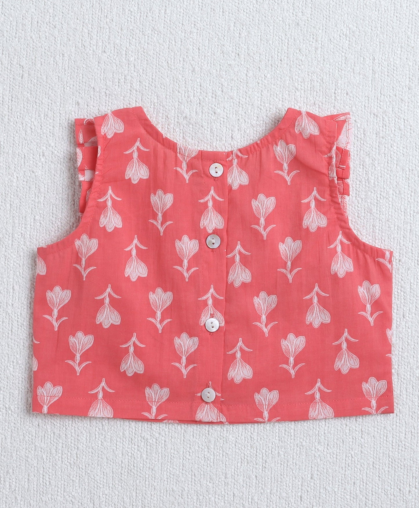 The Magic Wand Cambric Cotton Sleeveless Floral Printed Frill Choli and Lehenga Set- Peach