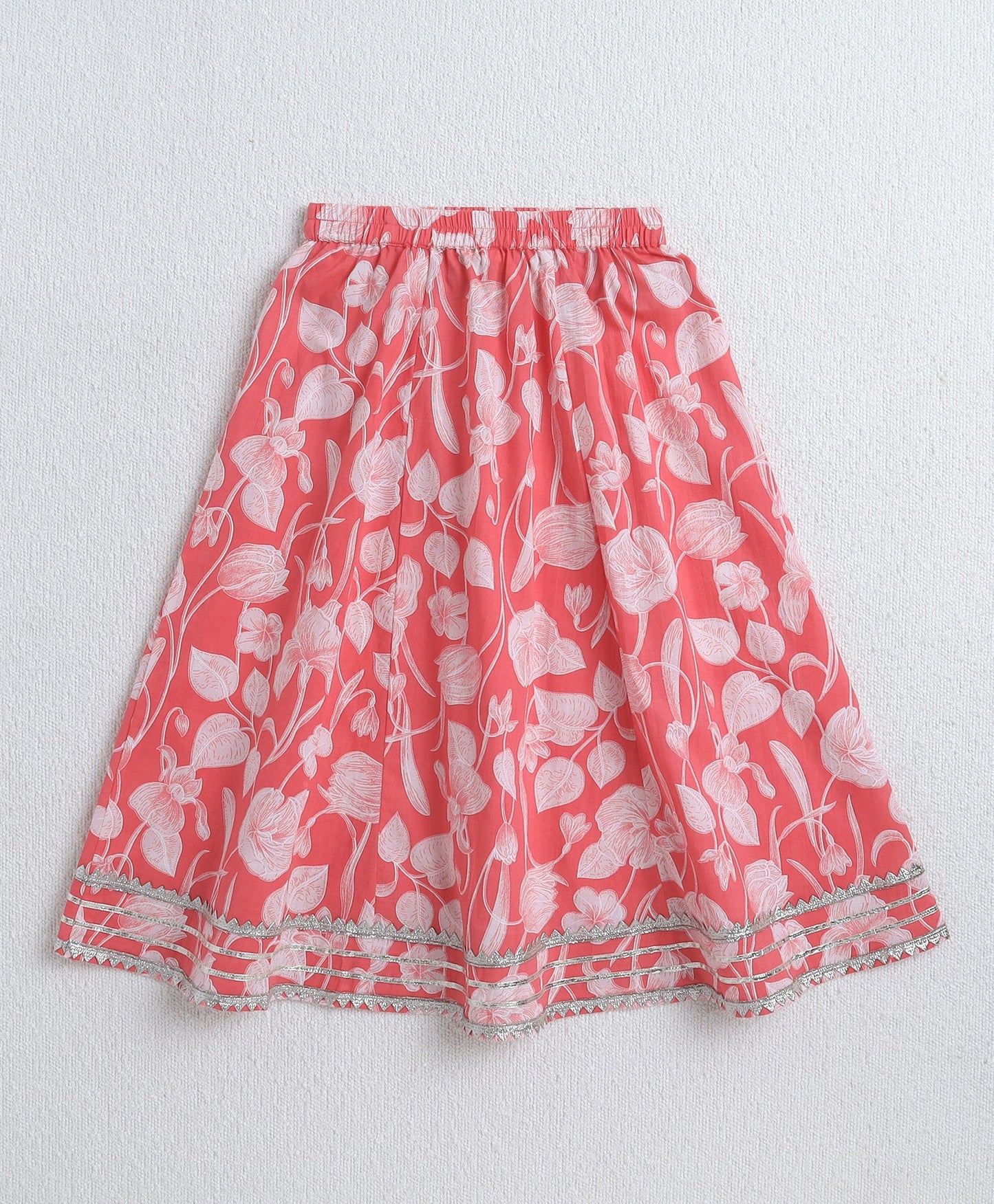The Magic Wand Cambric Cotton Sleeveless Floral Printed Frill Choli and Lehenga Set- Peach