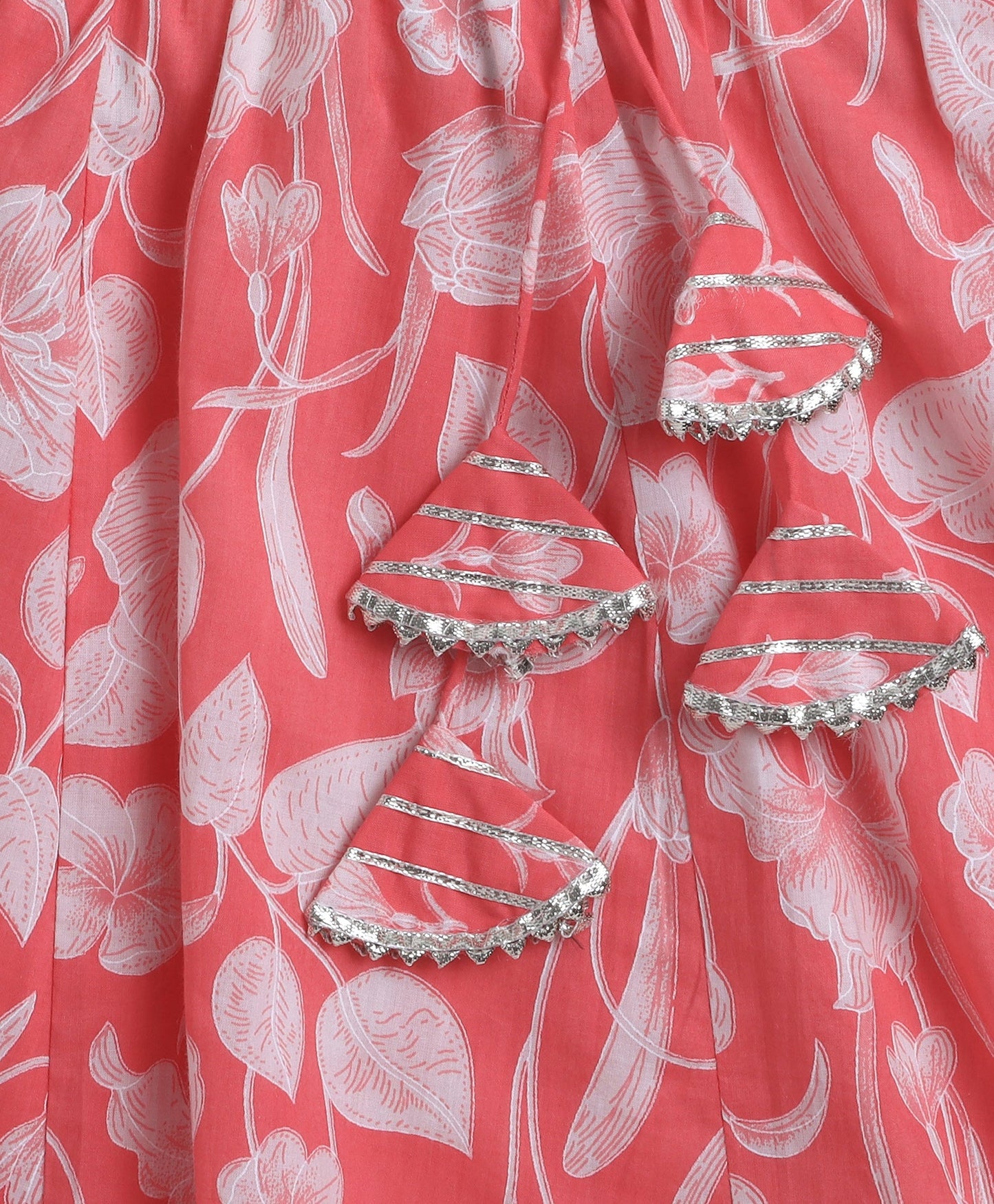 Cambric Cotton Sleeveless Floral Printed Frill Choli and Lehenga Set- Peach